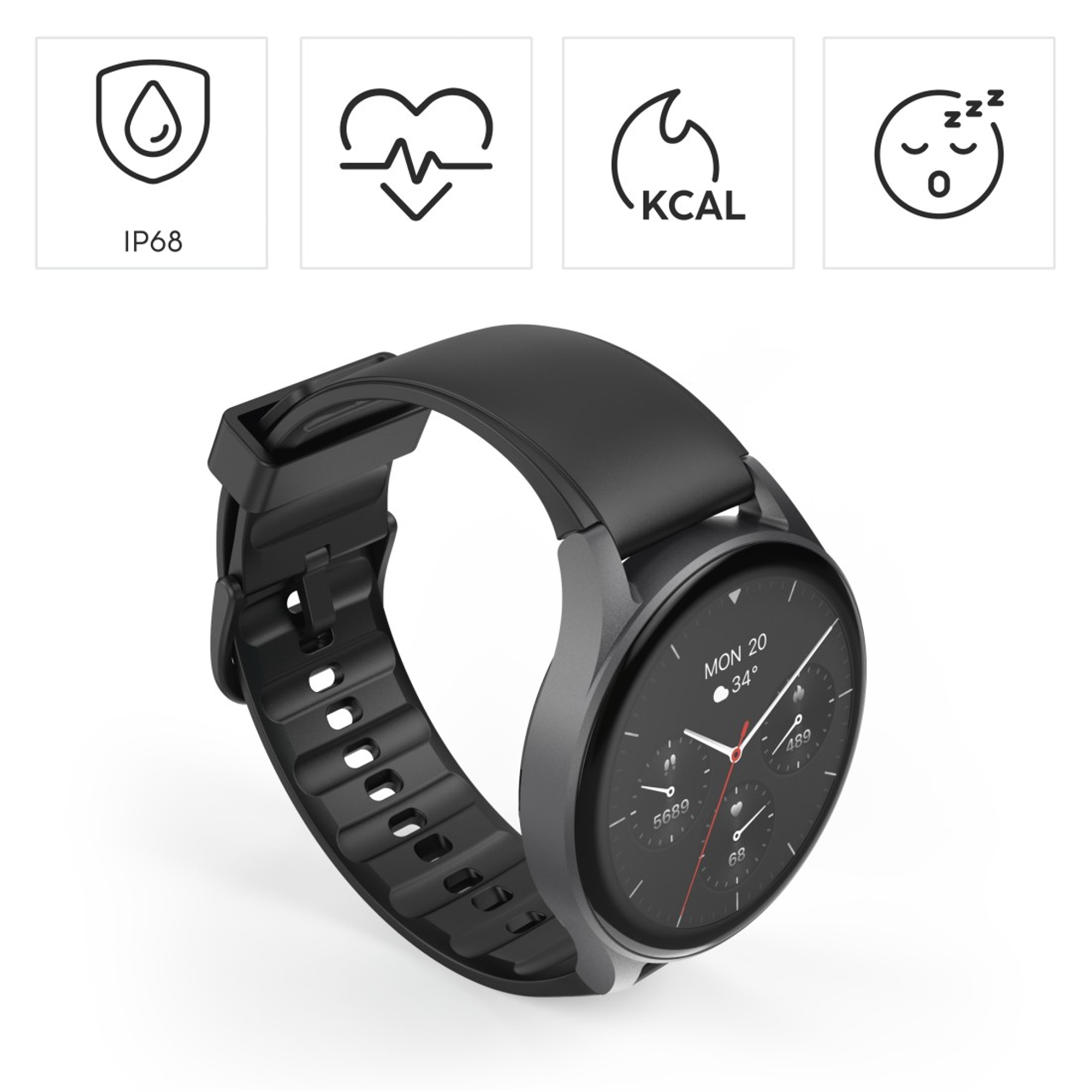Czarny smartwatch z ikonami wskazującymi wskaźniki zdrowia: IP68, bicie serca, kalorie i sen.