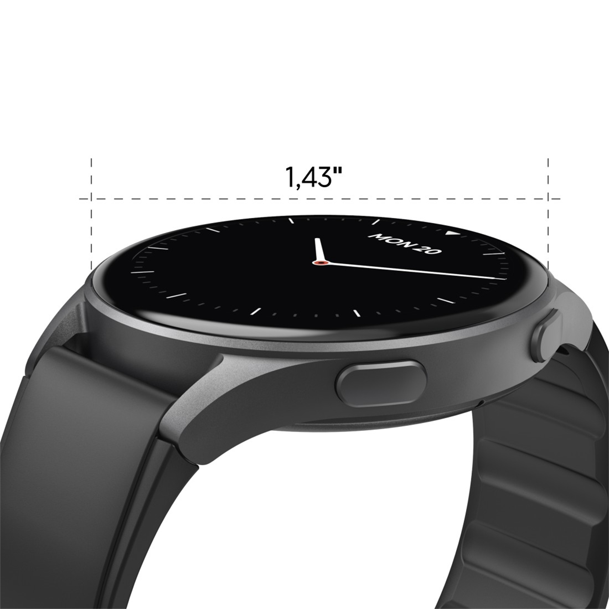 Czarny smartwatch wyświetlający datę i godzinę. Białe tło.