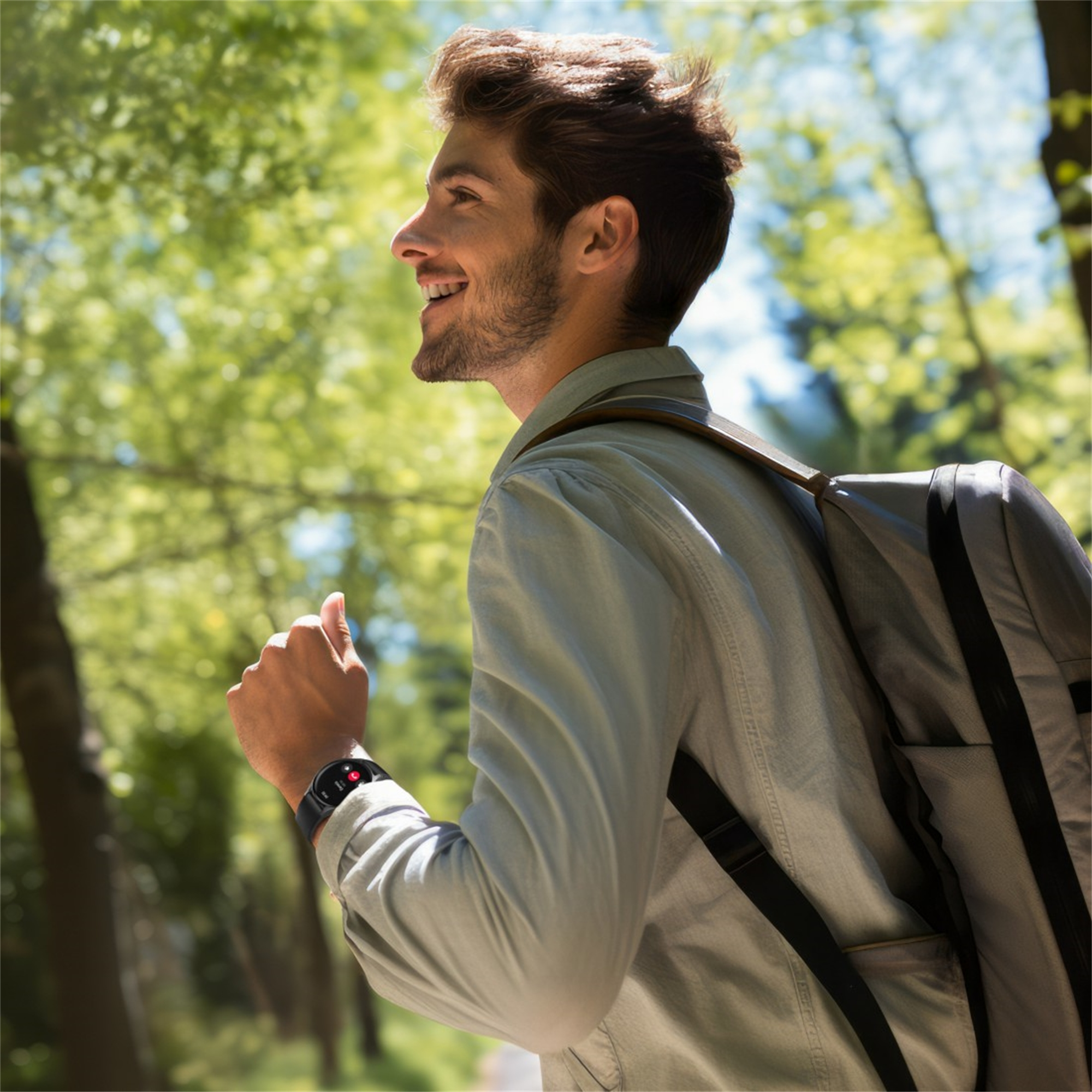 Uśmiechnięty mężczyzna w jasnozielonej koszuli biegnie ścieżką, ma na sobie smartwatch i plecak.