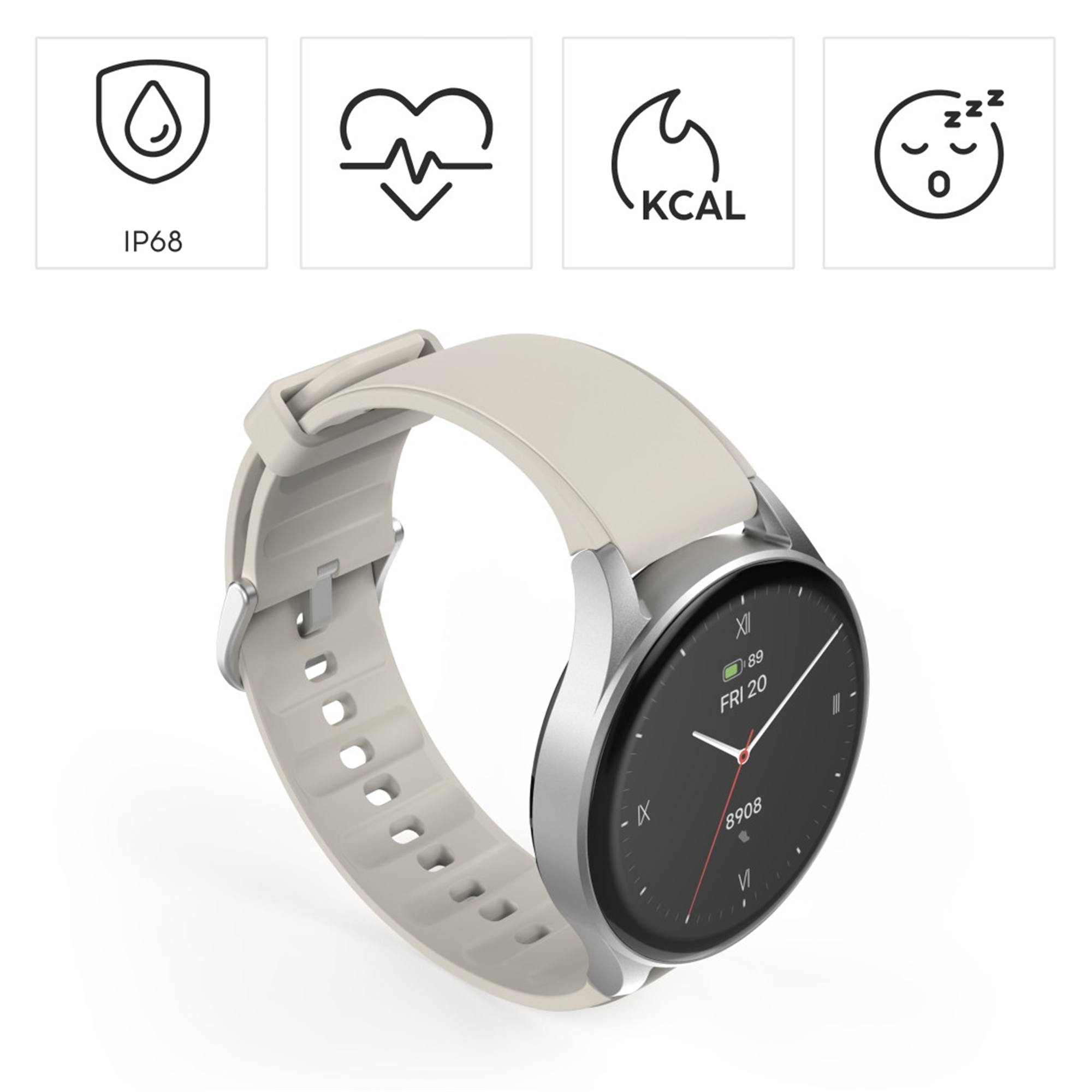 Smartwatch with a light gray band. Black display shows time. Four icons above the watch.