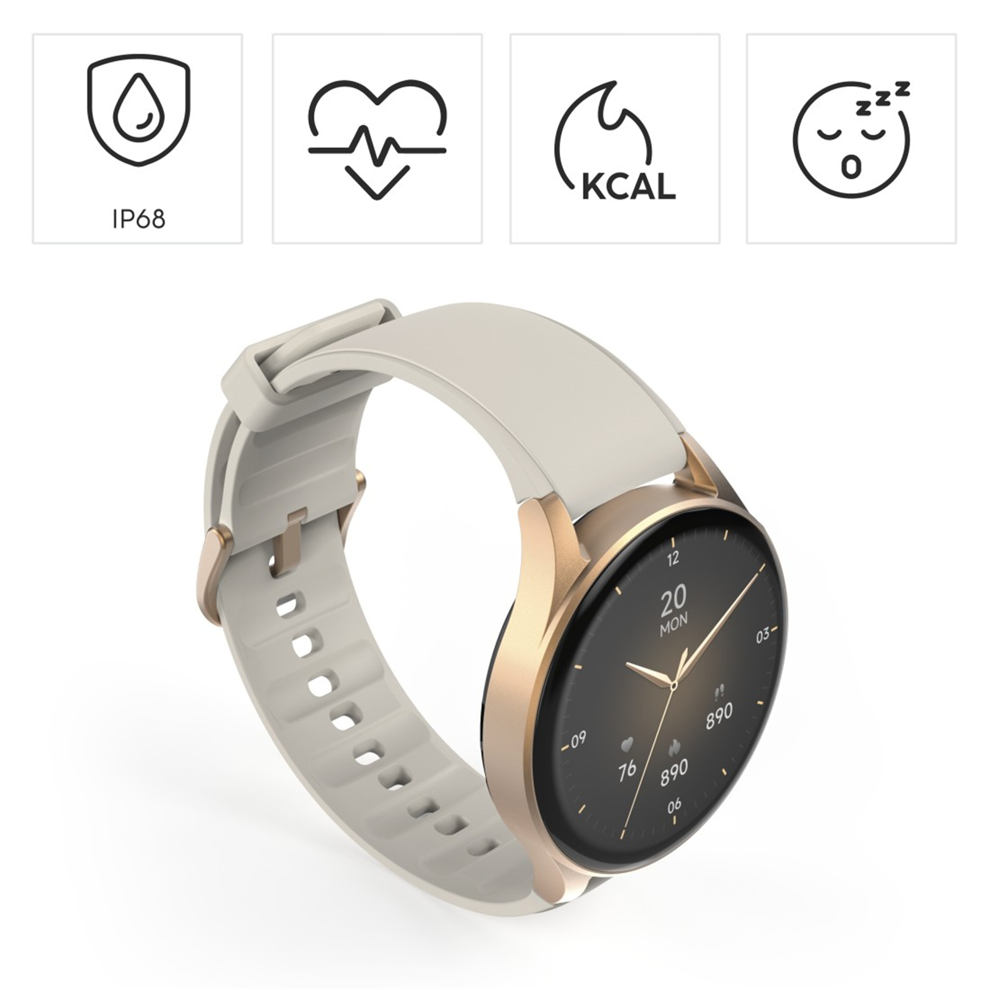 Złoty i szary smartwatch z ikonami: kropla wody, serce, płomień i symbol snu.