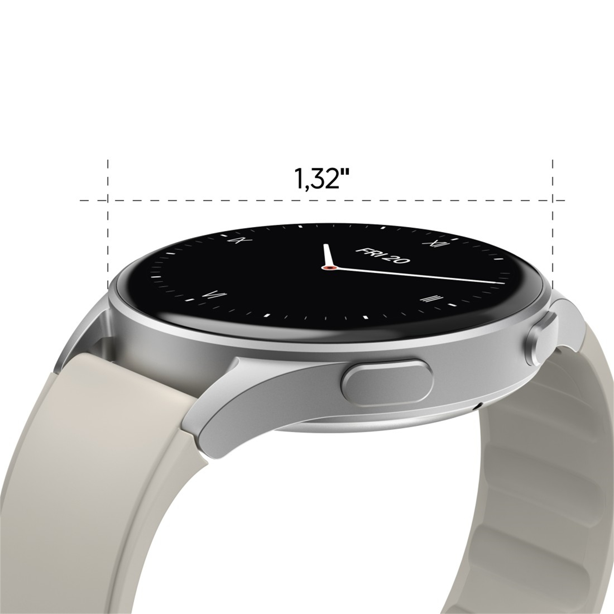Smartwatch side view: silver case, black screen, white band, showing time and measurements.