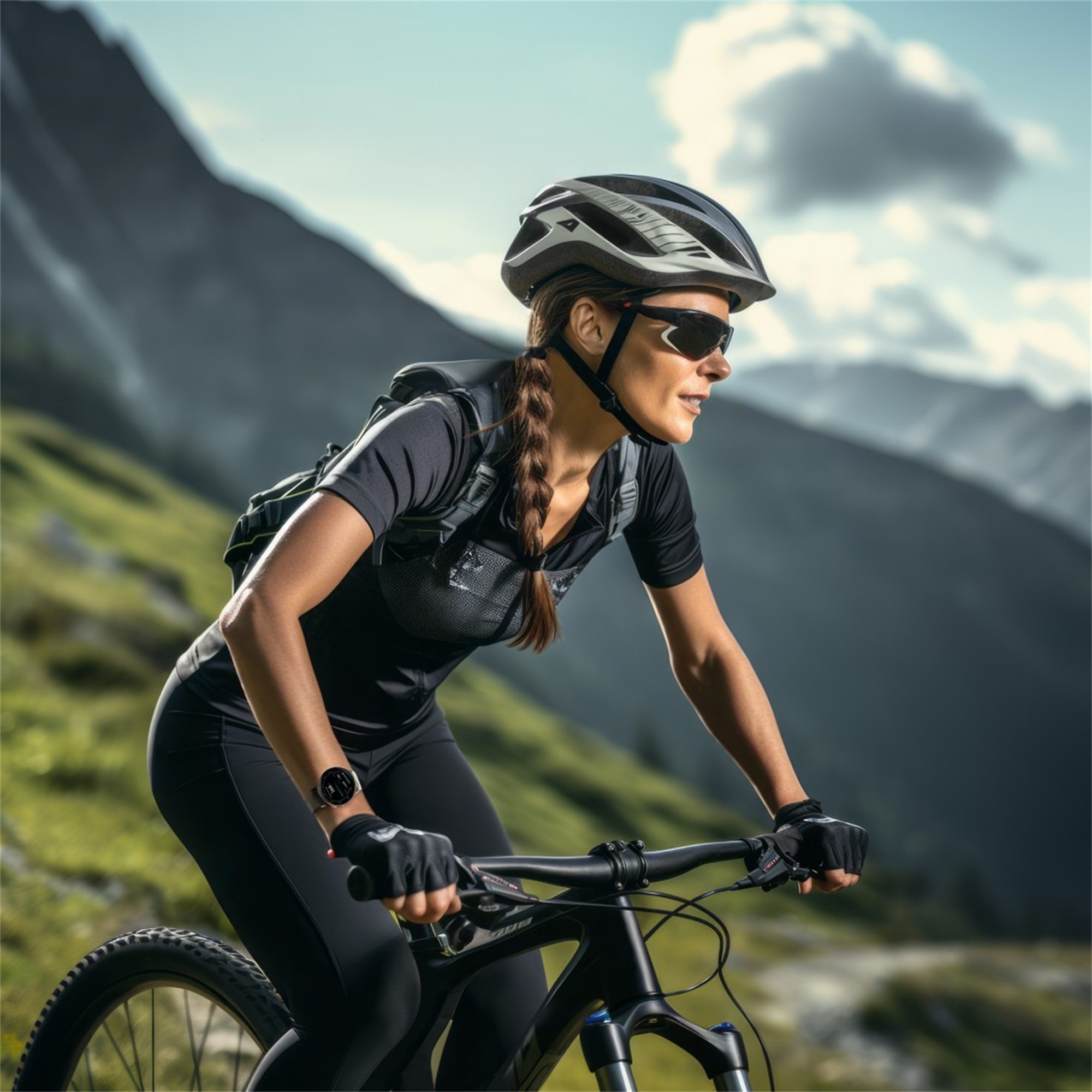 Woman on a mountain bike riding, wearing a helmet, sunglasses, and athletic clothing.