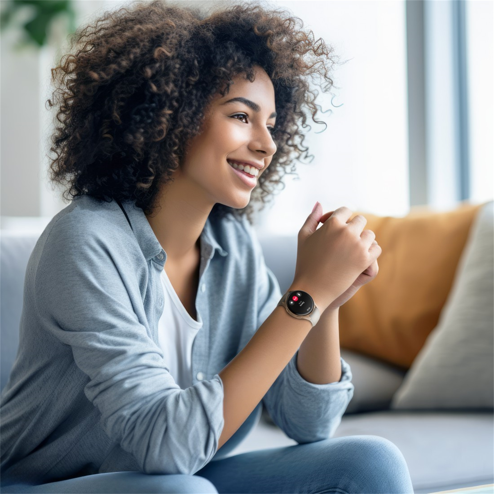 Uśmiechnięta kobieta, nosząca smartwatch. Siedzi na kanapie, z oknem w tle.