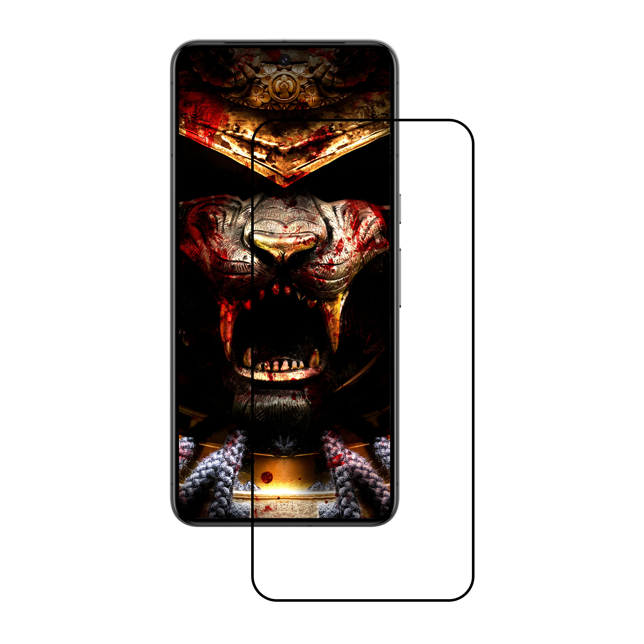 Smartphone mit Displayschutz, der ein blutiges Tigergesicht-Design zeigt.