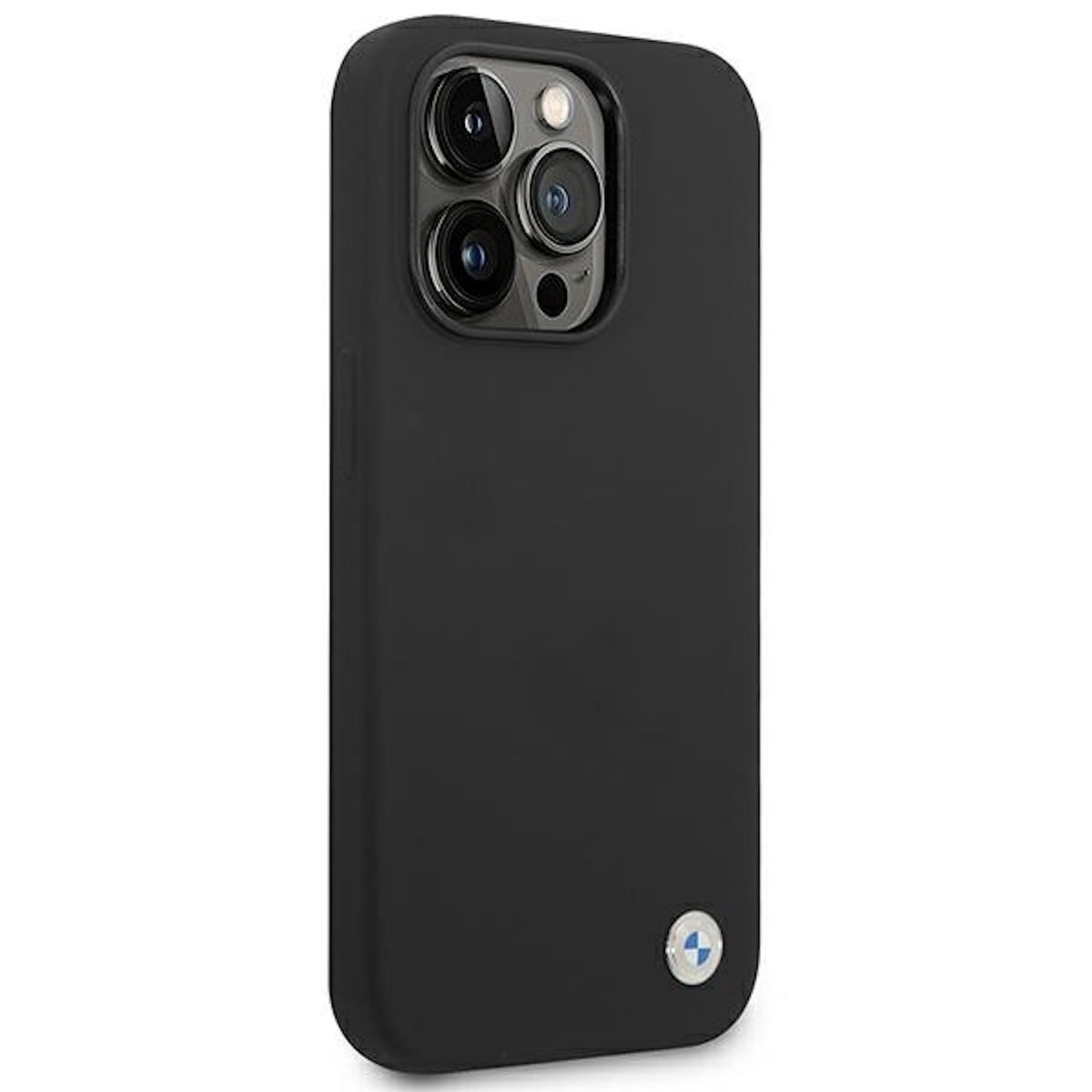 Custodia nera per telefono con più ritagli per fotocamera e logo BMW.