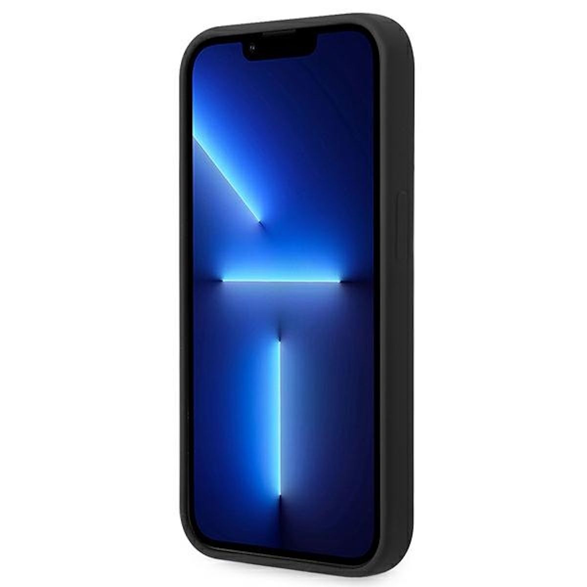 Una custodia per telefono nera con un telefono all'interno. Lo schermo del telefono mostra una sfumatura blu e bianca.