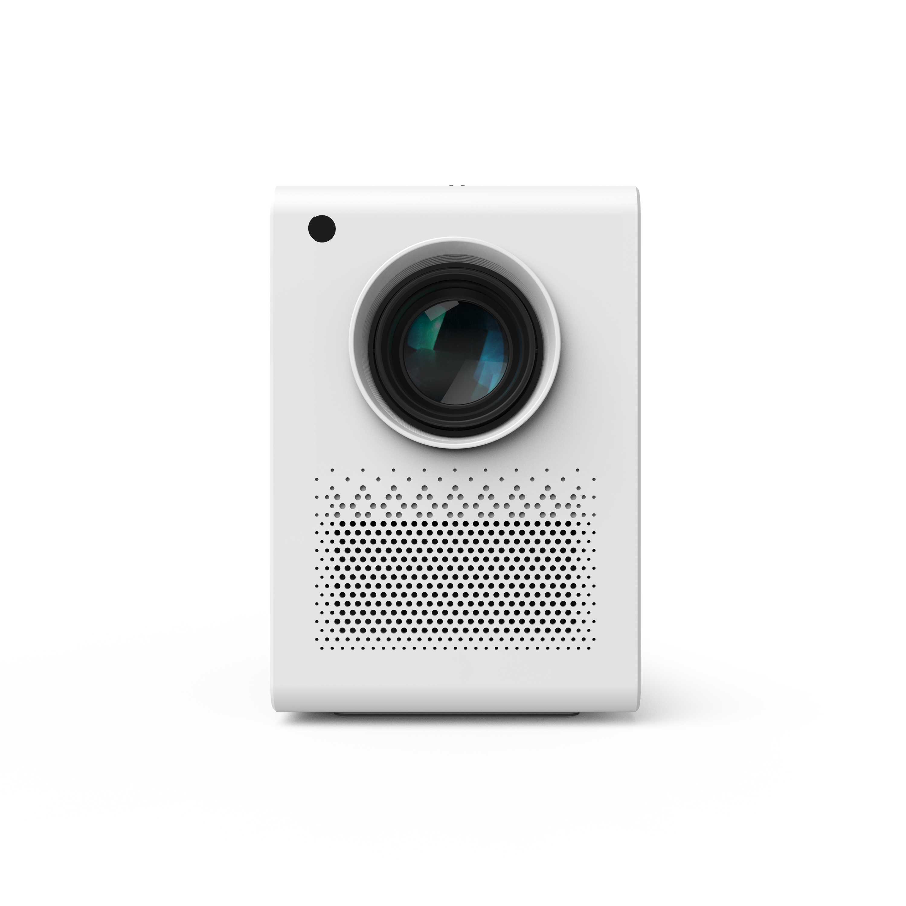 Biały projektor z obiektywem i otworami wentylacyjnymi.