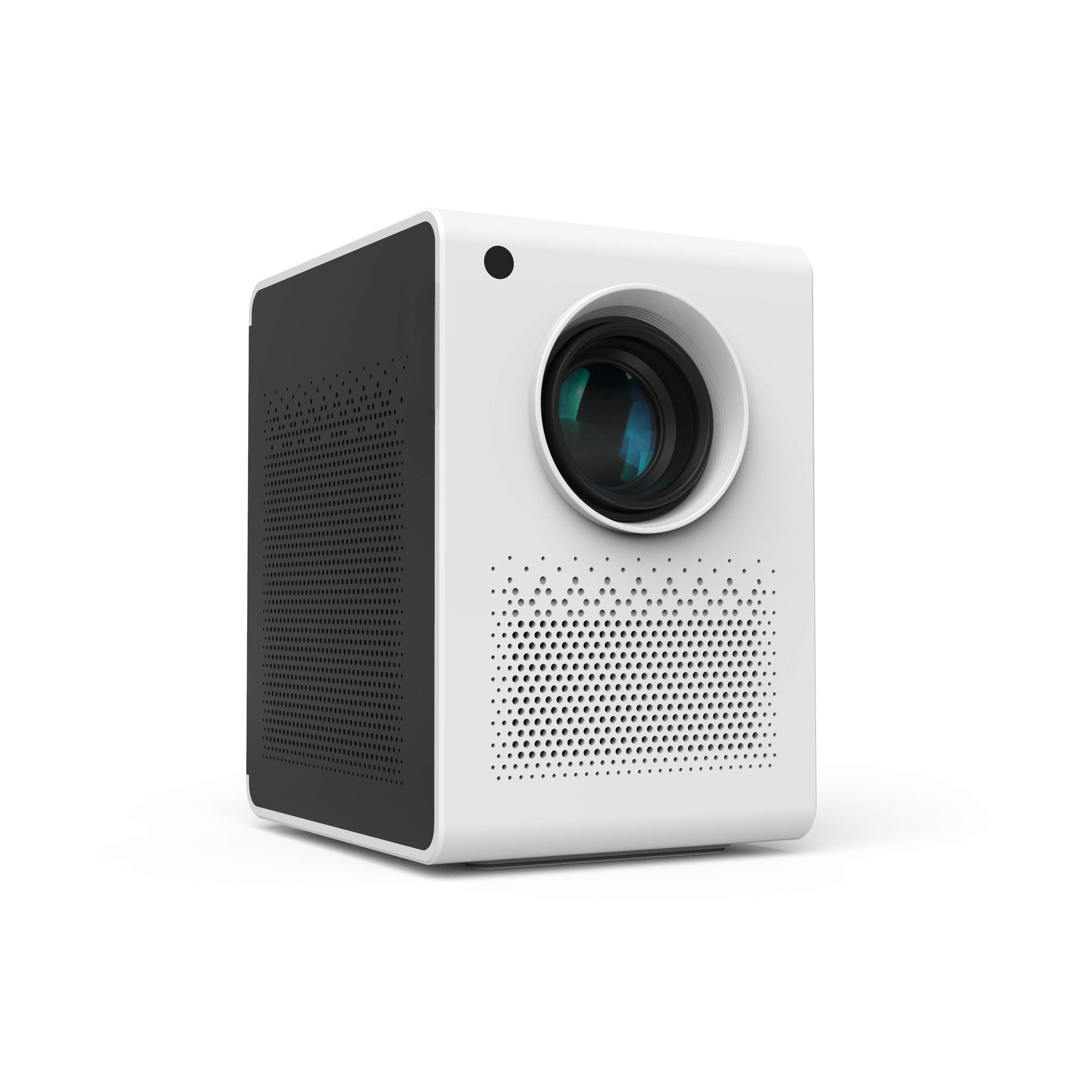Biało-czarny projektor z obiektywem i otworami na głośniki.
