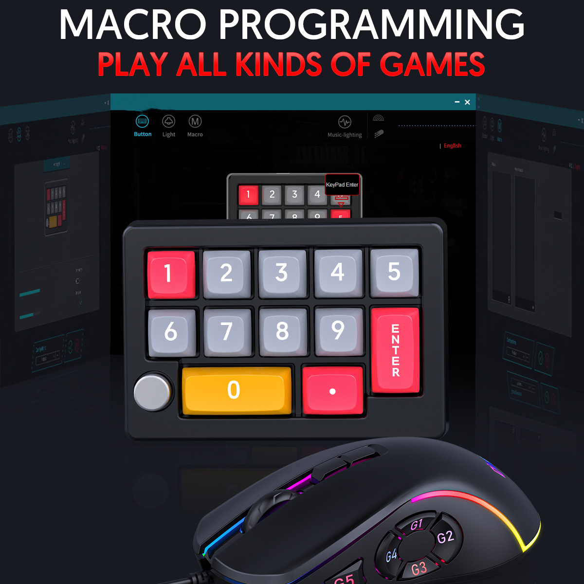 Gaming-Maus und Keypad mit Makro-Programmierschnittstelle auf dem Bildschirm. Dunkler Hintergrund.