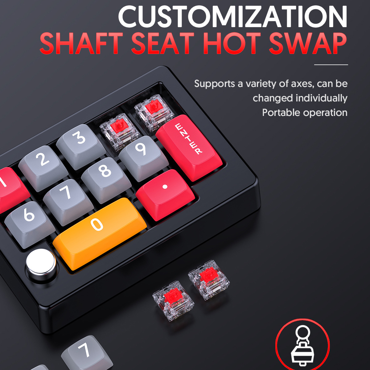 Schwarze mechanische Tastatur mit roten und grauen Tasten. Anpassung und Hot-Swap-Funktionen.