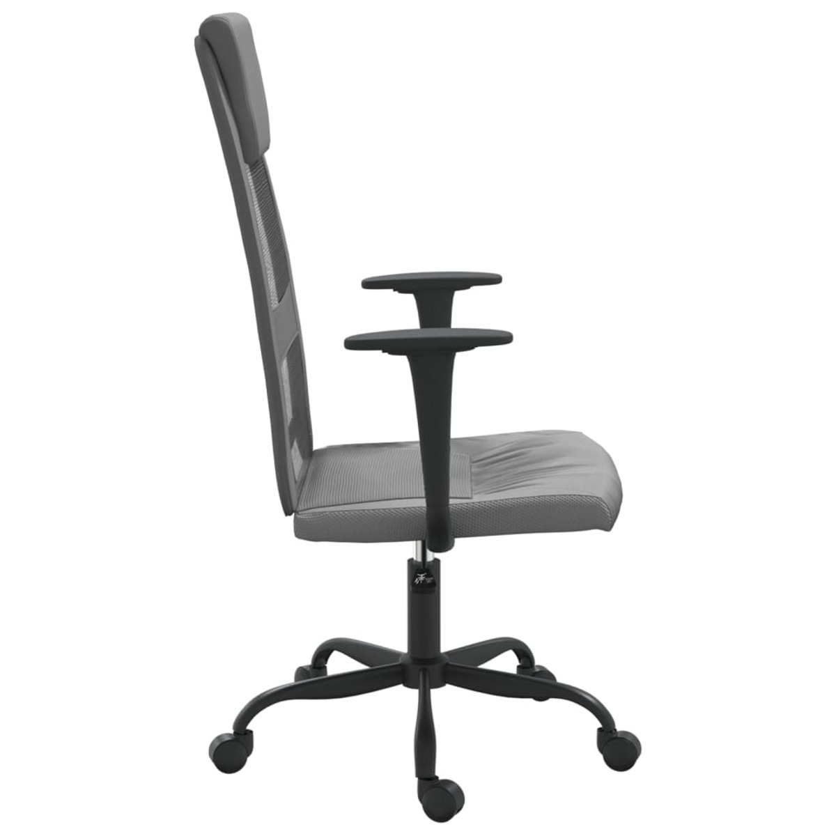 Grauer Bürostuhl, Seitenansicht. Schwarzes Gestell und Armlehnen. Weißer Hintergrund.