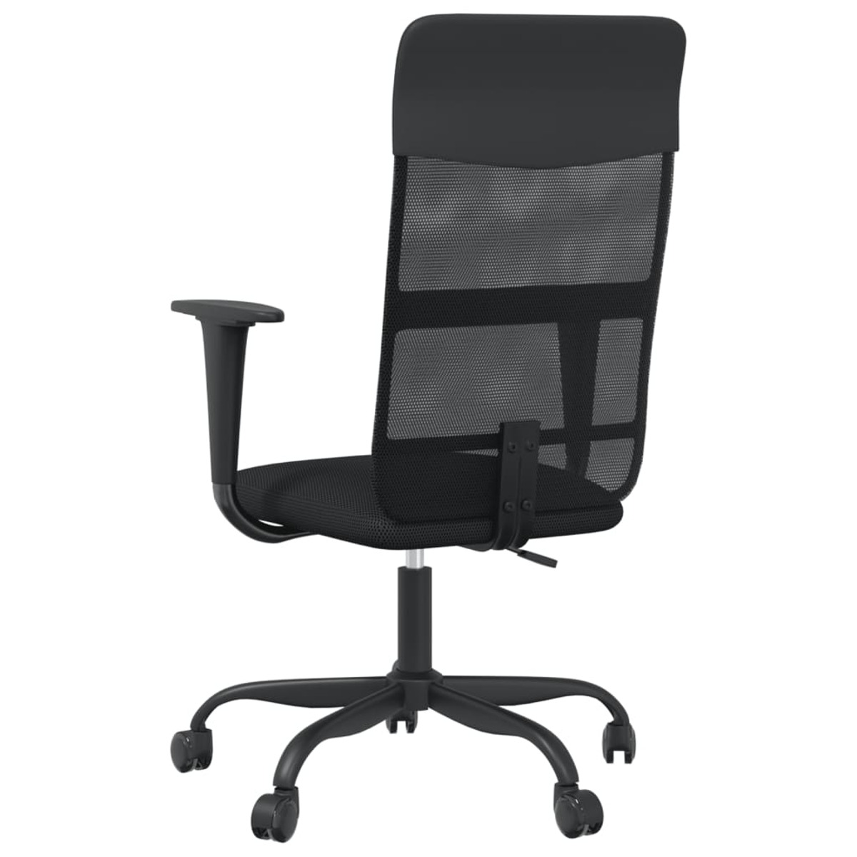 Schwarzer Bürostuhl aus Mesh-Gewebe von hinten, mit Armlehnen und Rollen.