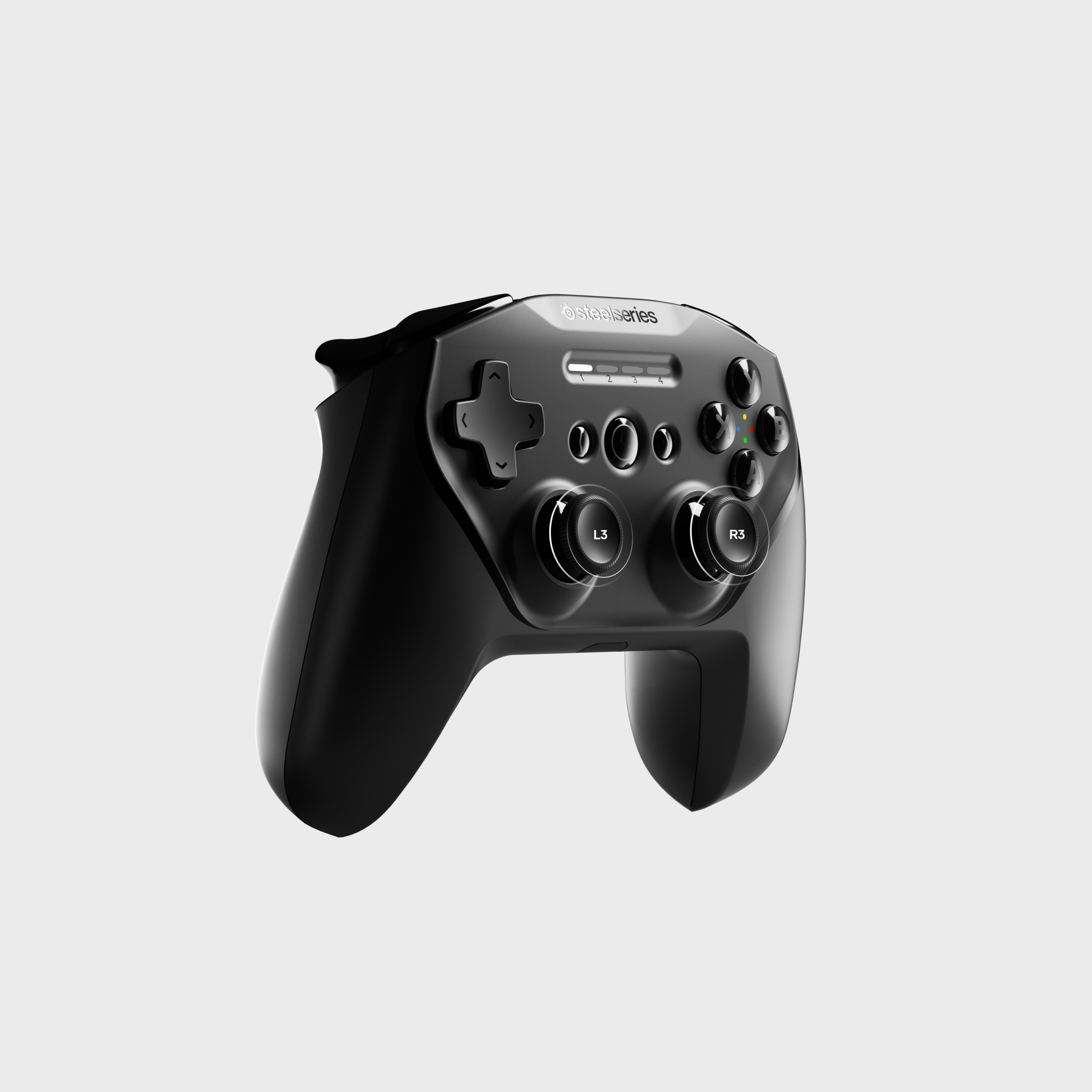 Schwarzer SteelSeries Controller mit Knöpfen, Joysticks und Logo. Weißer Hintergrund.