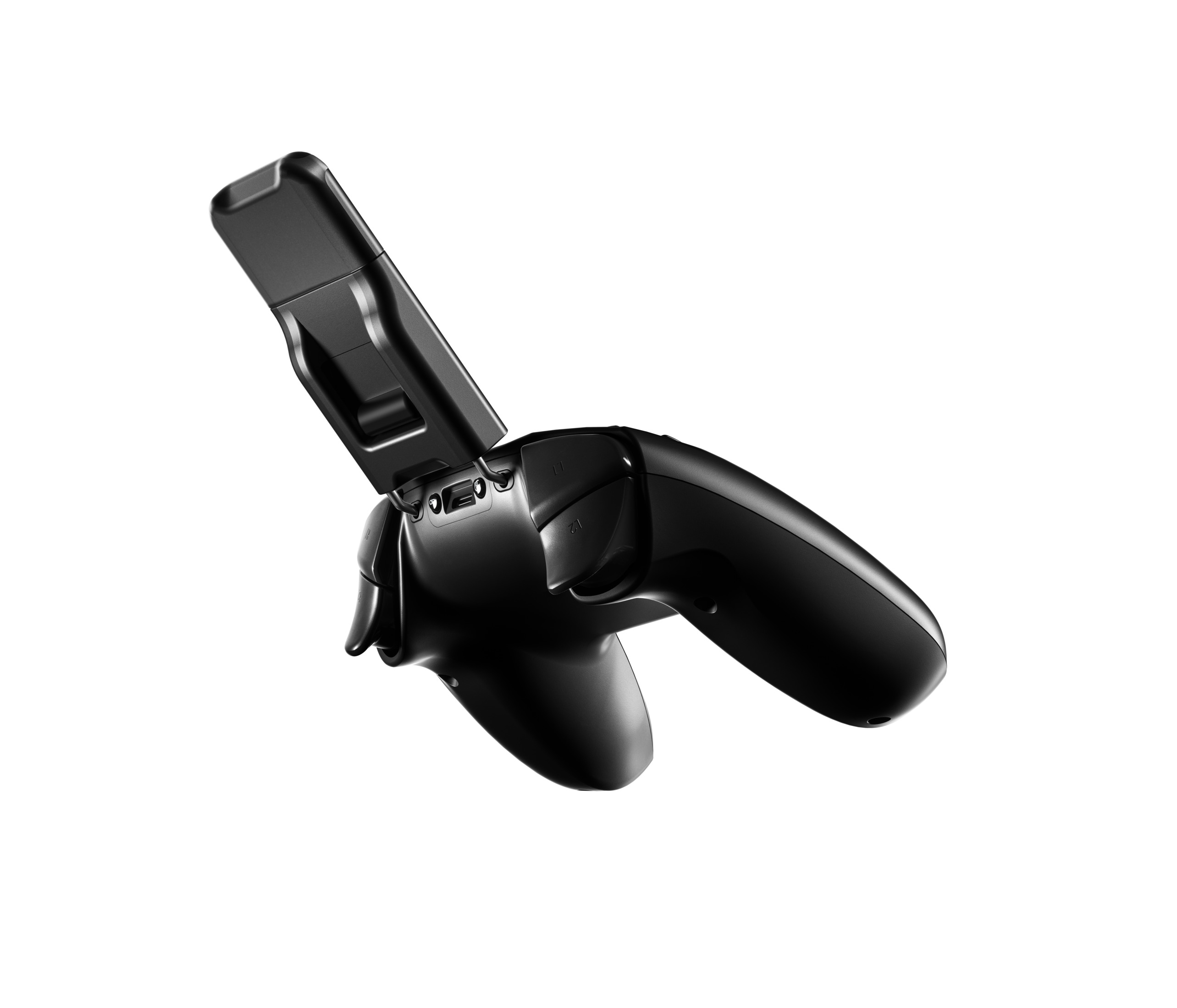 Ein schwarzer Gaming-Controller mit kippbarem Oberteil, isoliert auf Weiß.