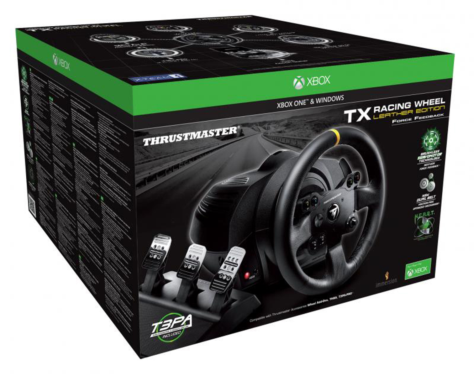 Una caja Thrustmaster TX Racing Wheel Leather Edition. Tiene volante y pedales. La caja es negra y verde.