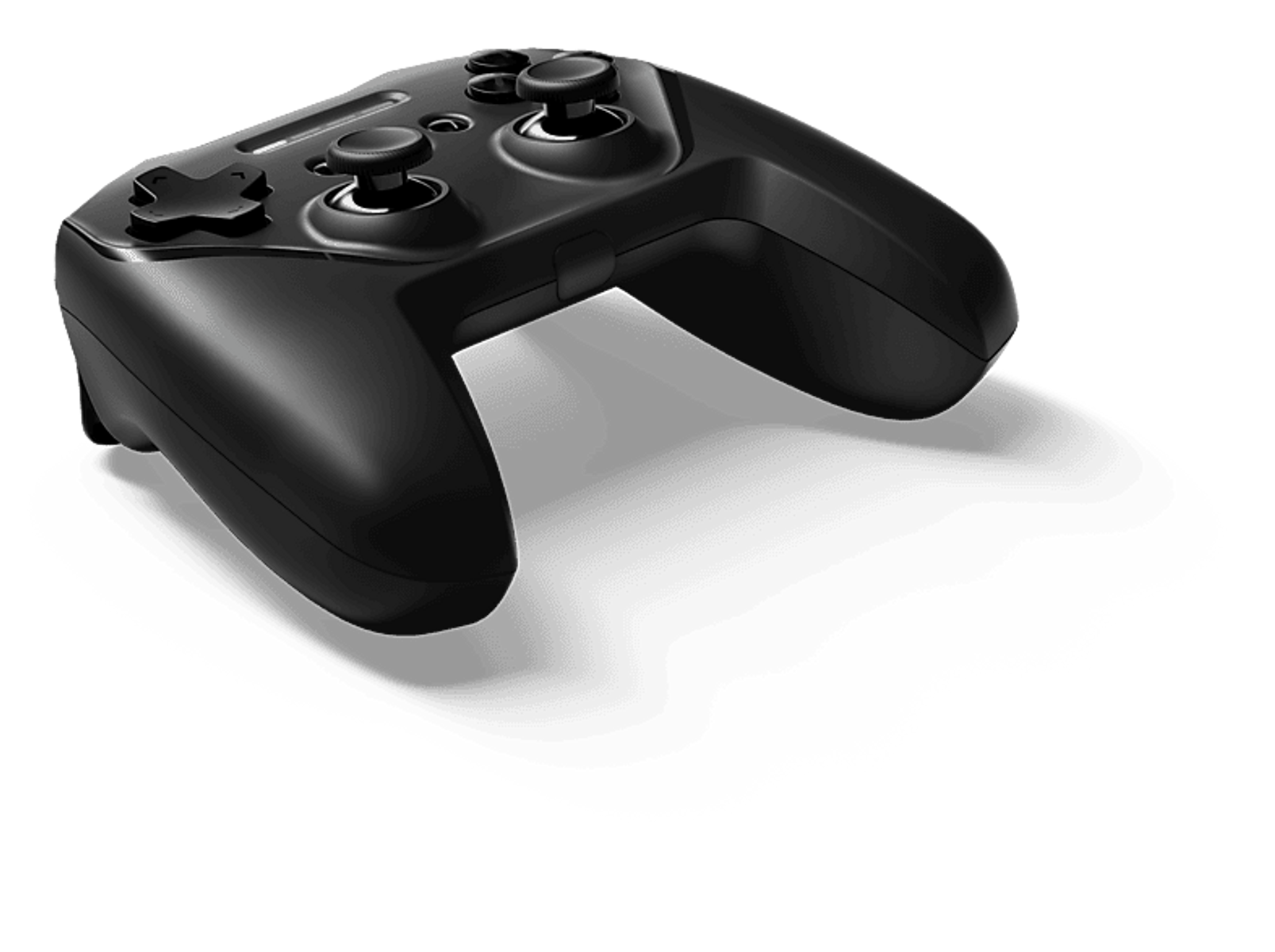 Schwarzer Gamecontroller mit zwei Joysticks, einem Steuerkreuz und Knöpfen.