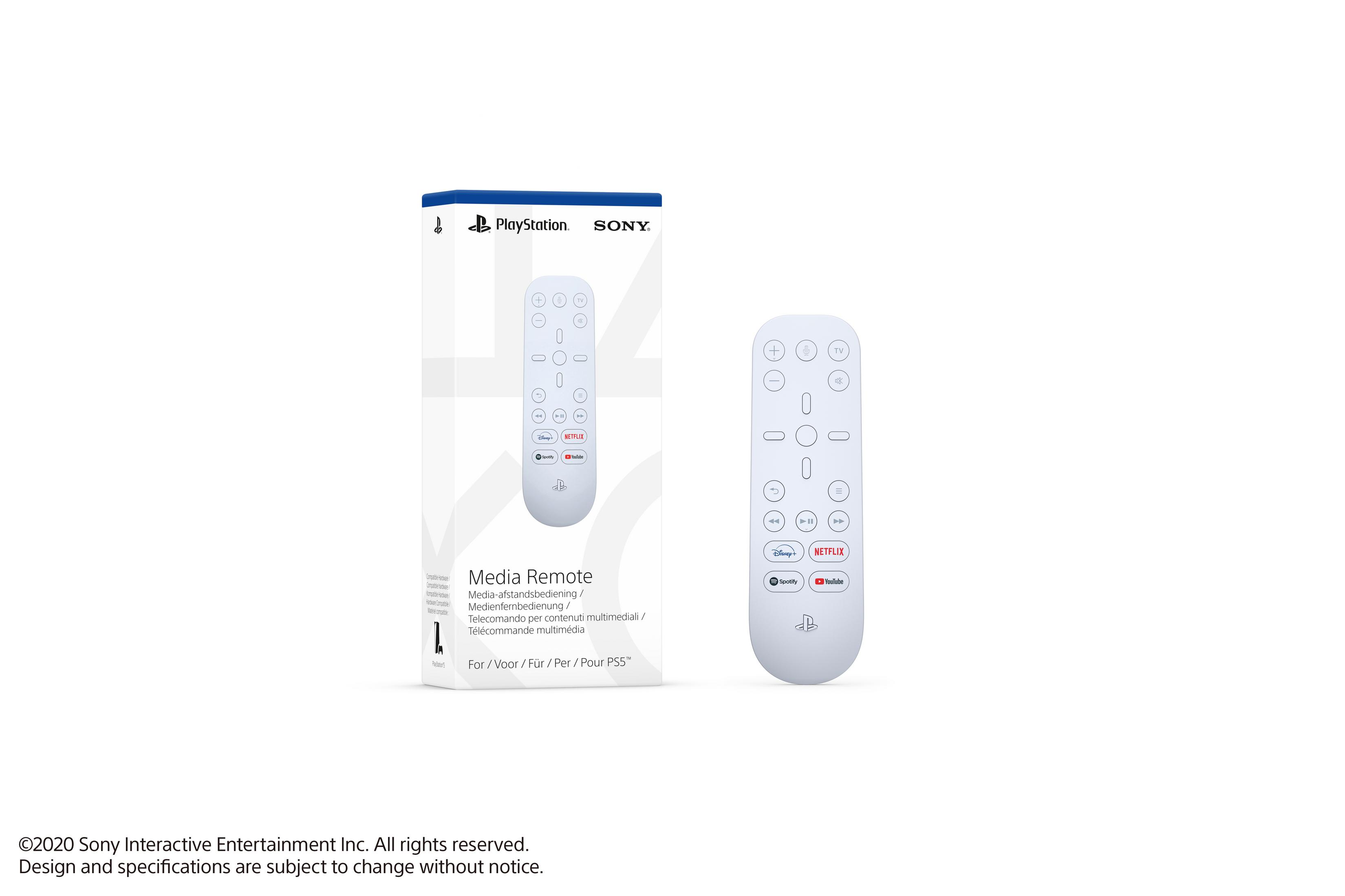 Un telecomando multimediale Playstation bianco e la sua scatola su sfondo bianco. Il telecomando è bianco con vari pulsanti.