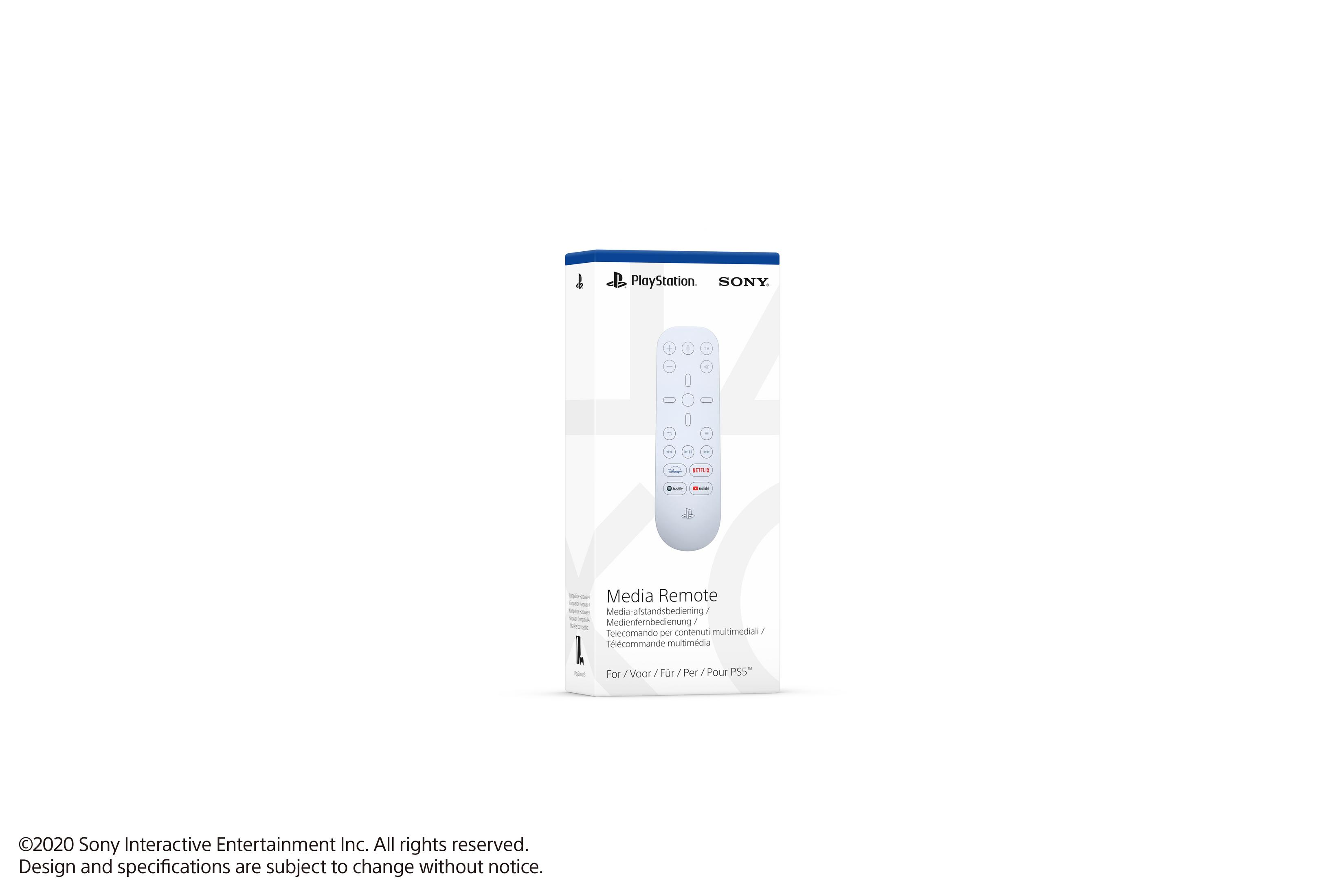 Un telecomando multimediale Playstation bianco nella sua scatola su sfondo bianco. La confezione mostra il design del telecomando.