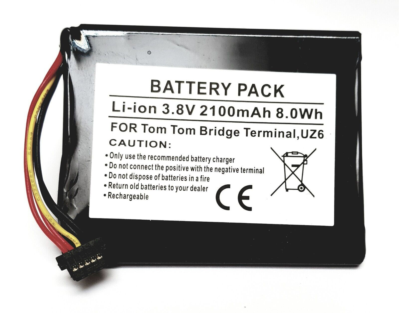 Schwarzer Akku mit weißem Etikett mit Text und Stecker.