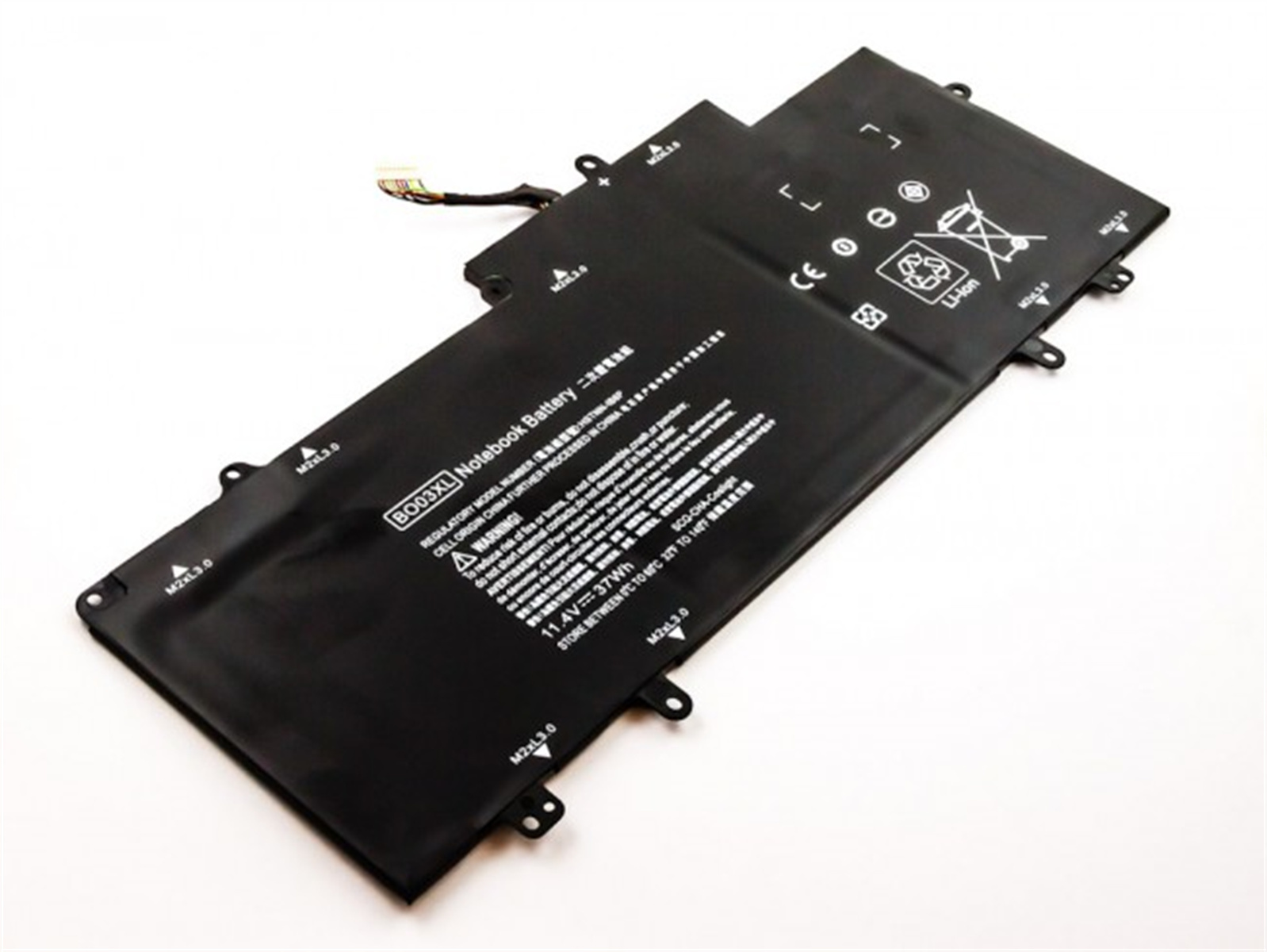 Ein schwarzer Laptop-Akku mit weißem Text.