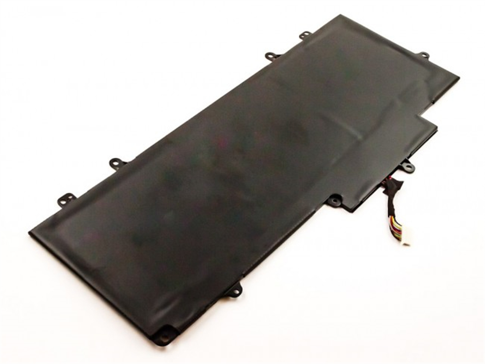 Schwarzer Laptop-Akku mit farbigen Drähten rechts, weißer Hintergrund.