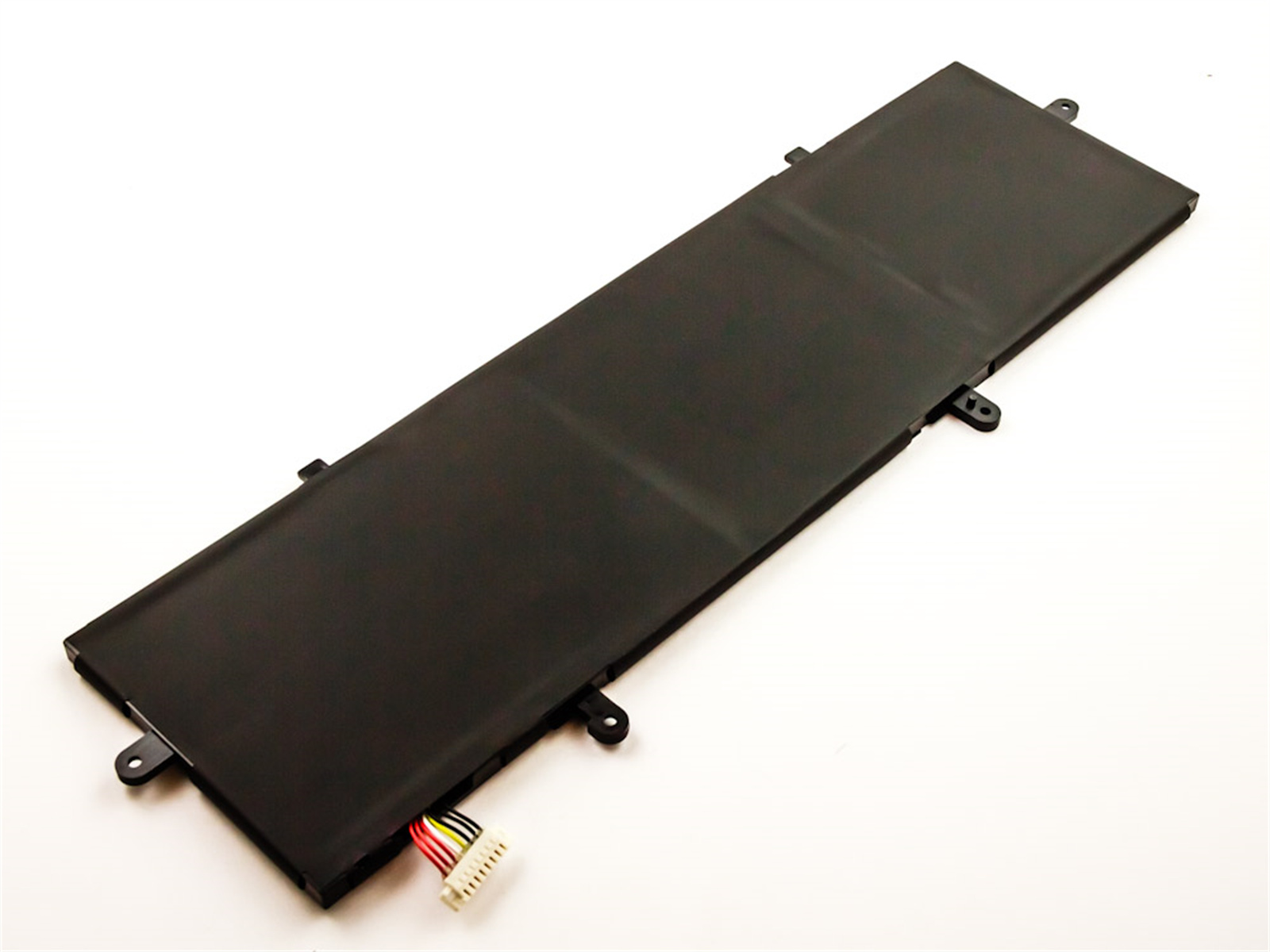 Schwarzer Laptop-Akku. Rechteckige Form mit Stecker und Drähten.