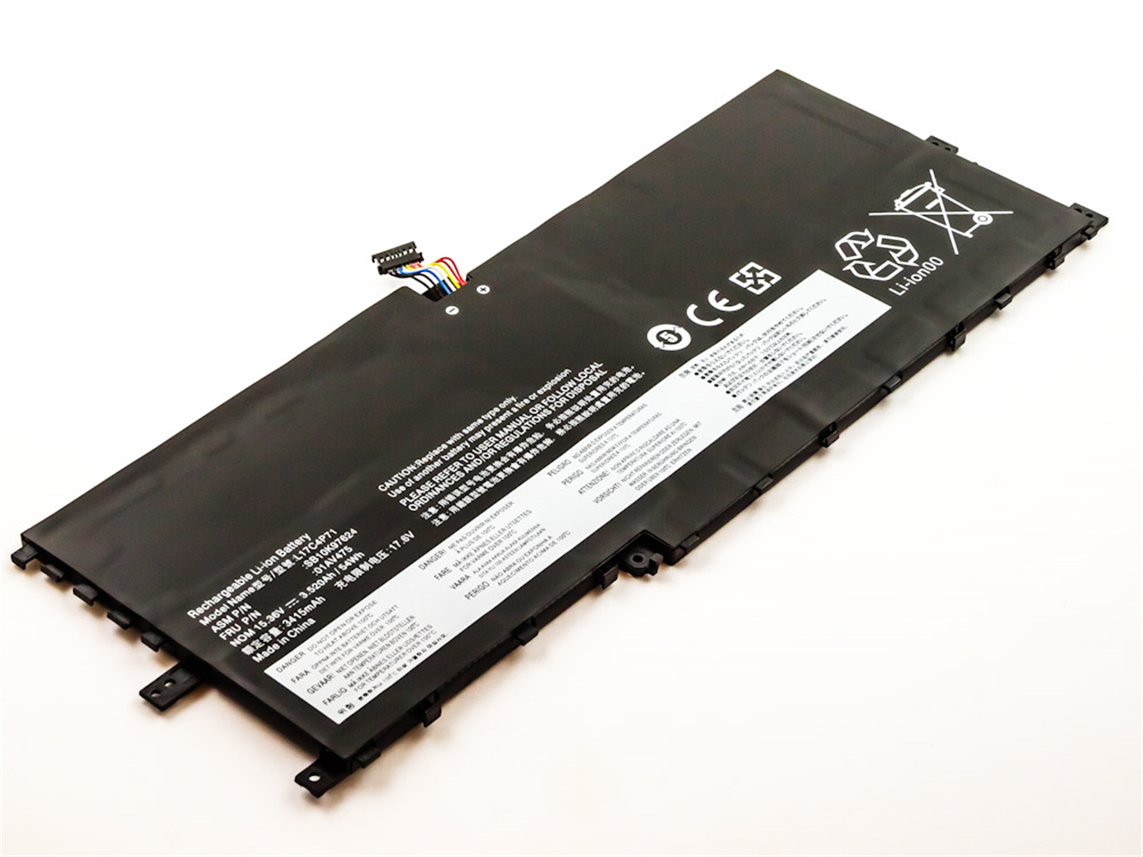 Schwarzer Laptop-Akku mit Etiketten in mehreren Sprachen. Rechteckige Form.