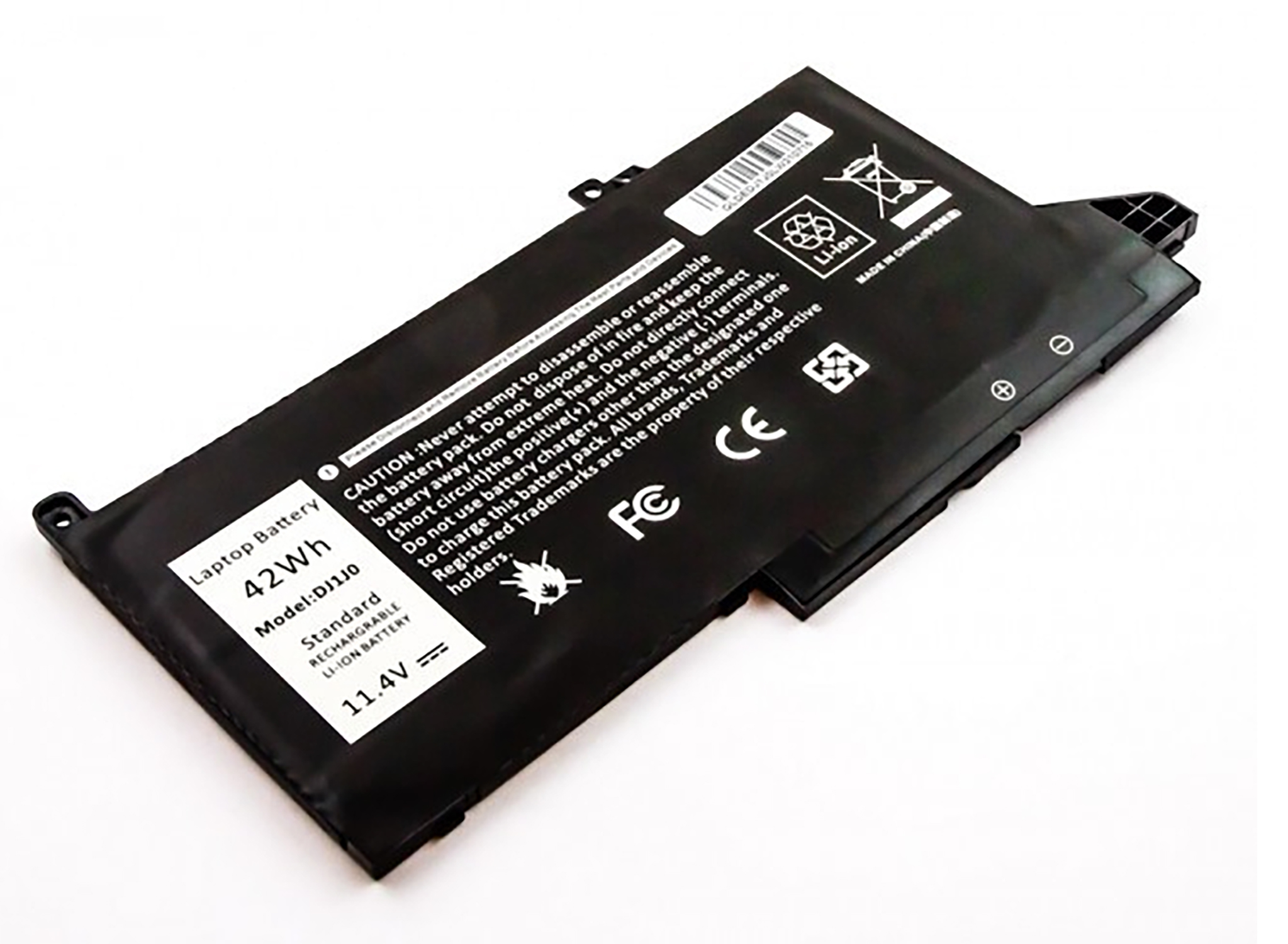 Schwarzer Laptop-Akku mit Etiketten auf einer weißen Oberfläche.