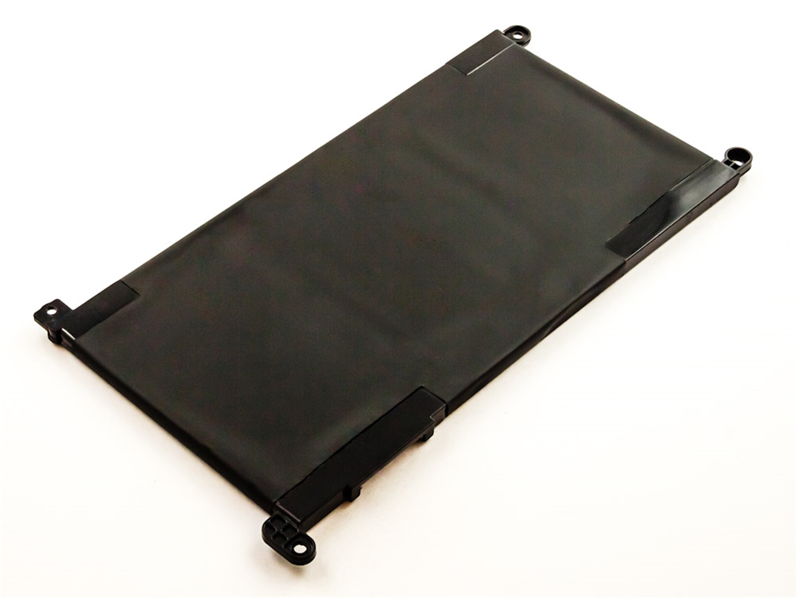 Ein schwarzer Laptop-Akku. Er ist rechteckig mit einem schwarzen Rahmen und einem weißen Hintergrund.
