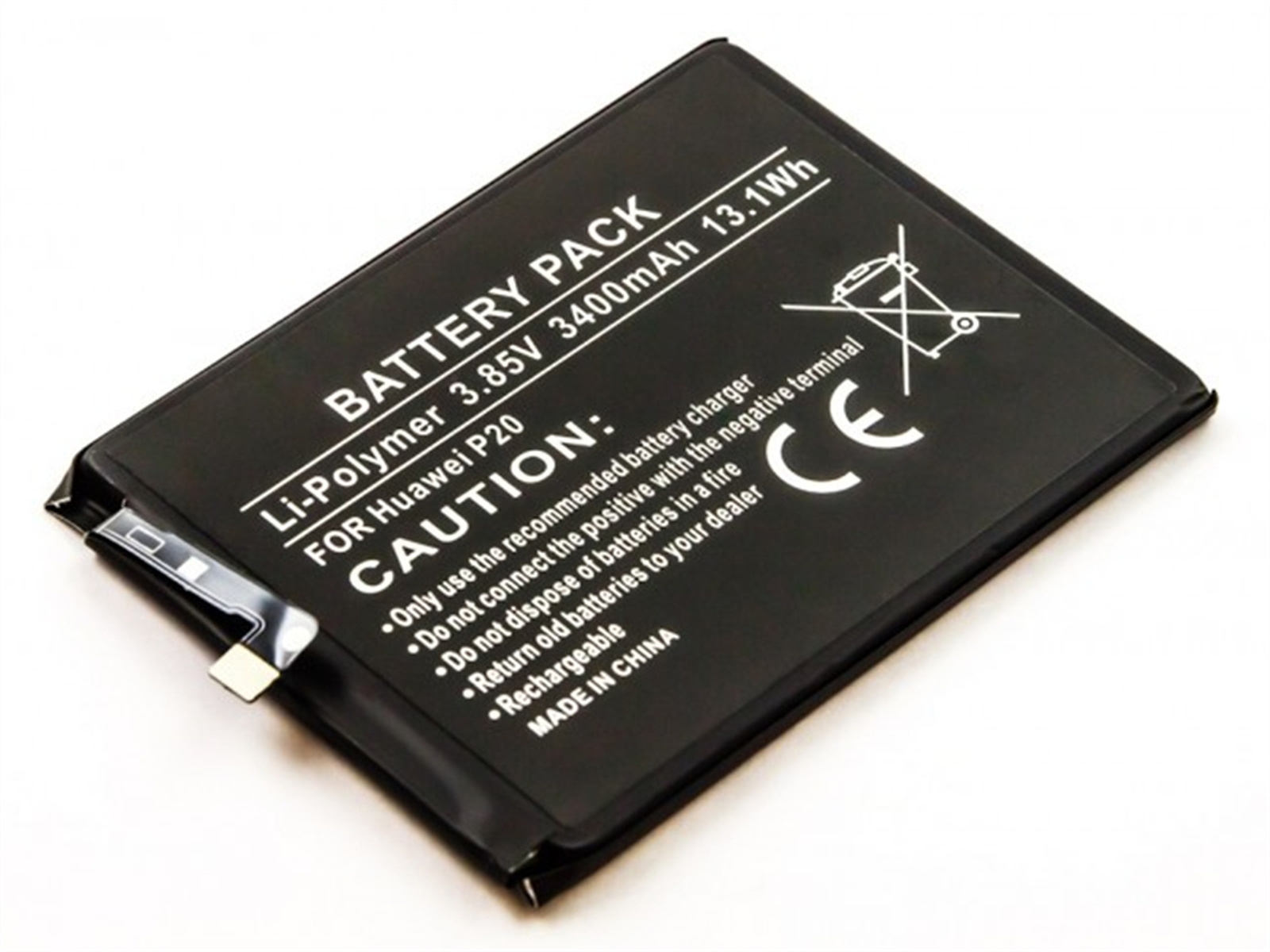Schwarze rechteckige Batterie mit weißem Text und Symbolen. Auf weißem Hintergrund isoliert.
