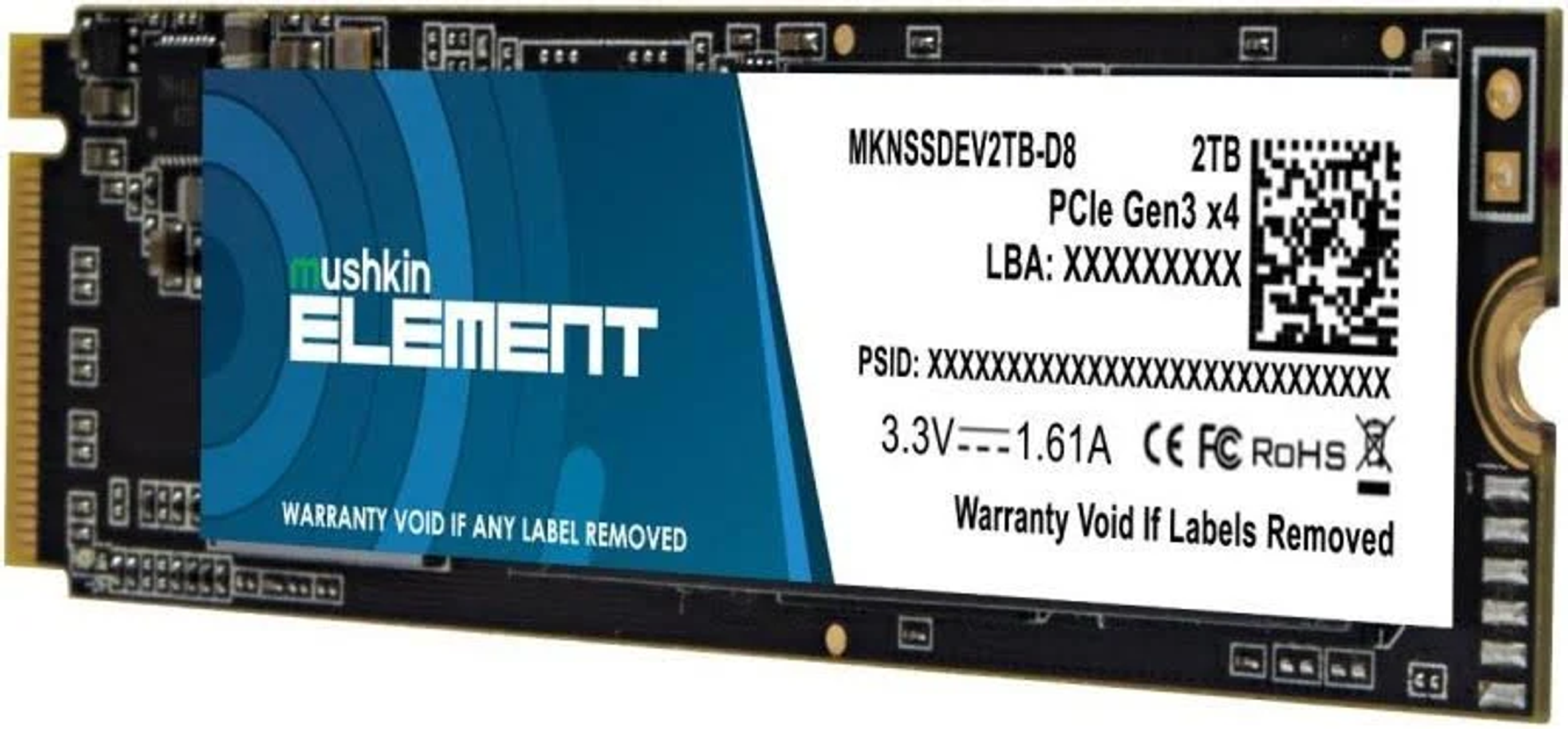 Karta SSD z etykietą. Na etykiecie napisano 'muskin ELEMENT' i inne informacje techniczne.