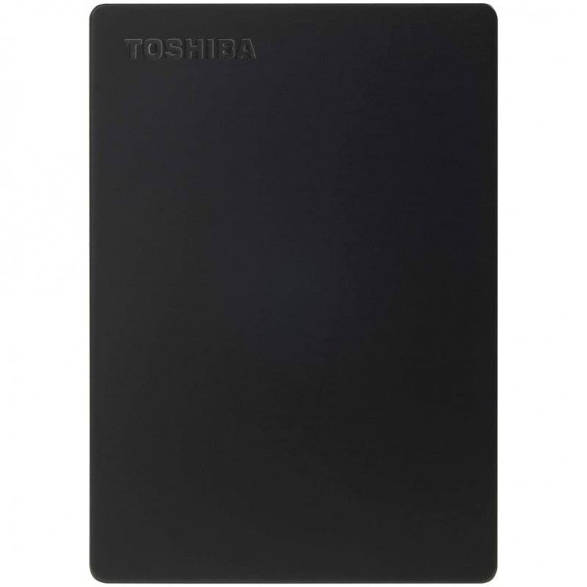 Czarny dysk twardy Toshiba. Nazwa marki u góry. Powierzchnia jest gładka.
