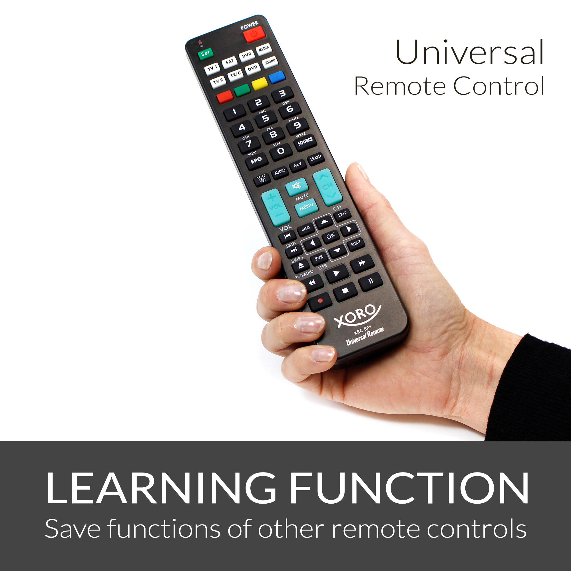 Ręka trzyma czarny pilot z przyciskami. Tekst mówi 'Uniwersalny pilot' i 'Funkcja uczenia się'.