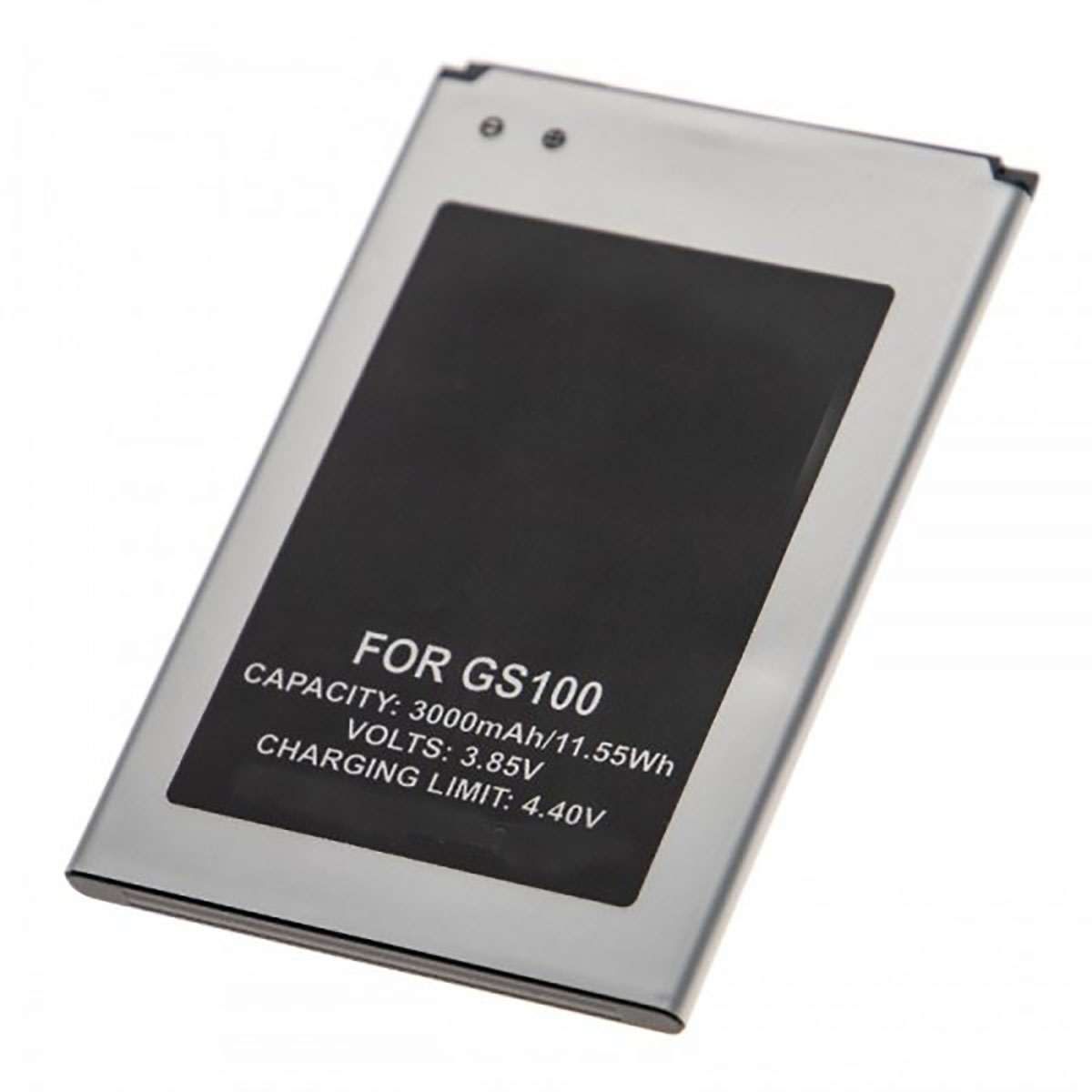 Eine silberne und schwarze rechteckige Batterie mit der Aufschrift 'FOR GS100' und Spezifikationen.