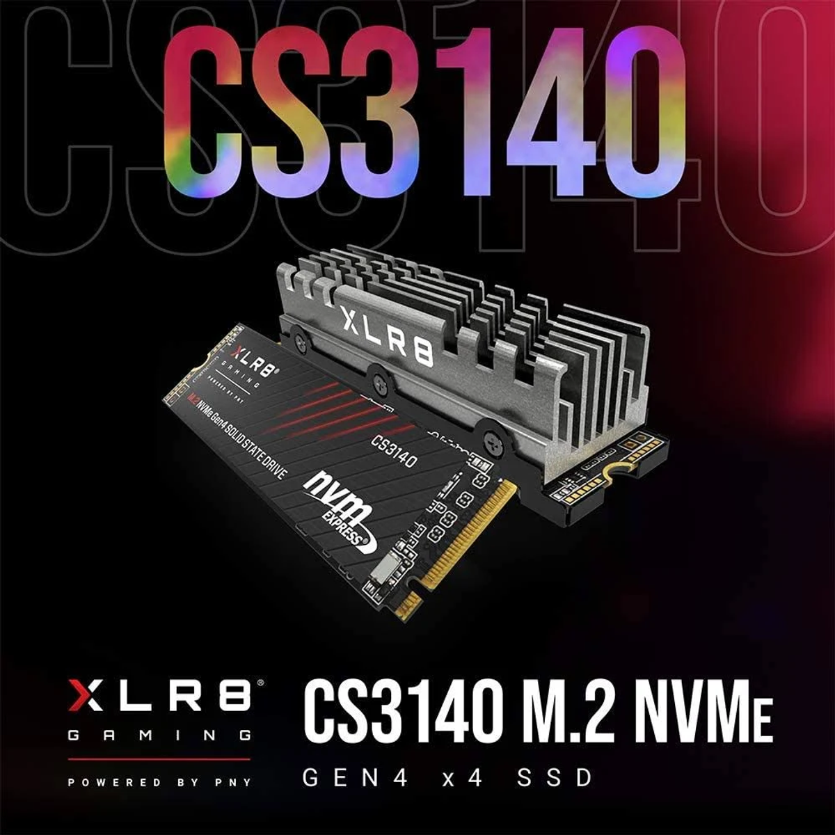 Czarny i złoty dysk SSD NVMe z radiatorem. Widoczny tekst CS3140 M.2 NVMe.
