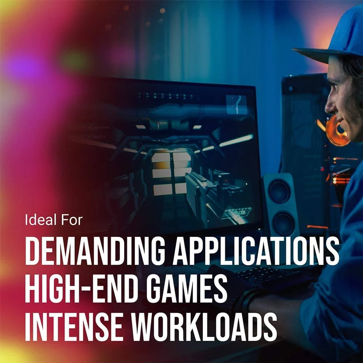 Osoba grająca na komputerze z tekstem: 'Idealny do wymagających aplikacji, gier wysokiej klasy'.
