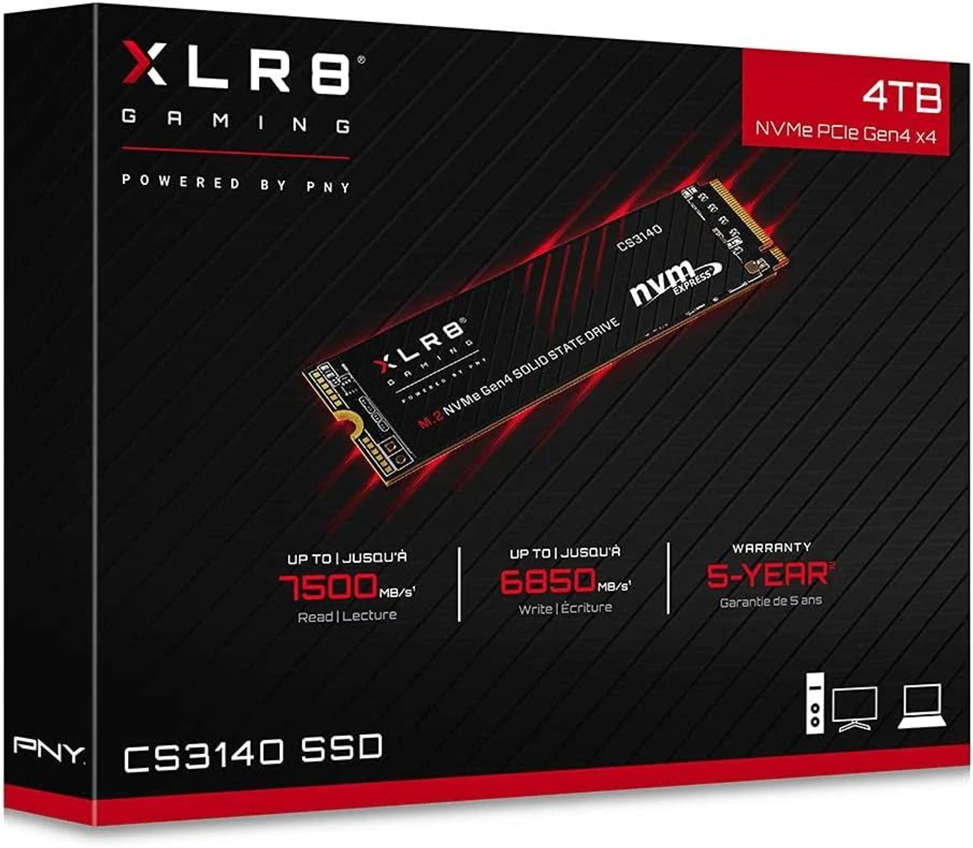 Czarne pudełko dysku SSD do gier XLR8. Tekst i grafika opisują cechy i specyfikacje produktu.