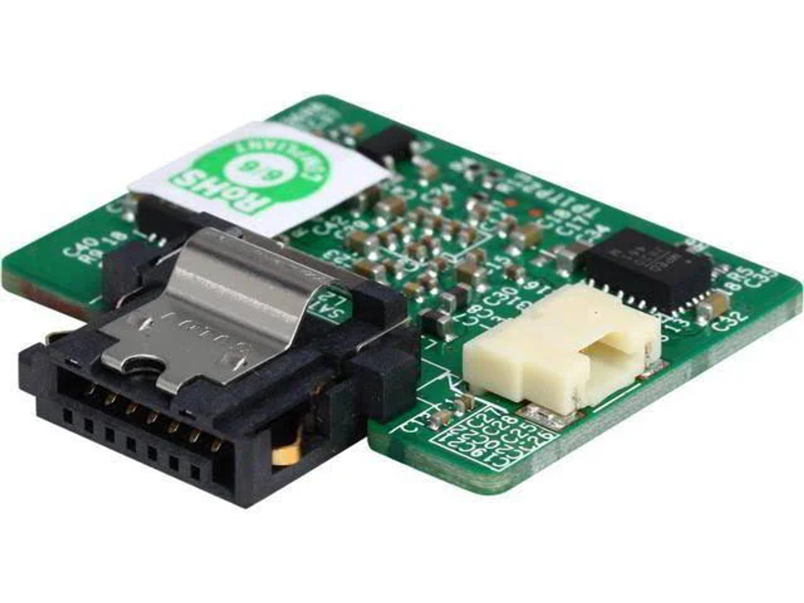 Zielona płytka drukowana ze złączem i innymi elementami elektronicznymi. Płytka ma białą naklejkę.