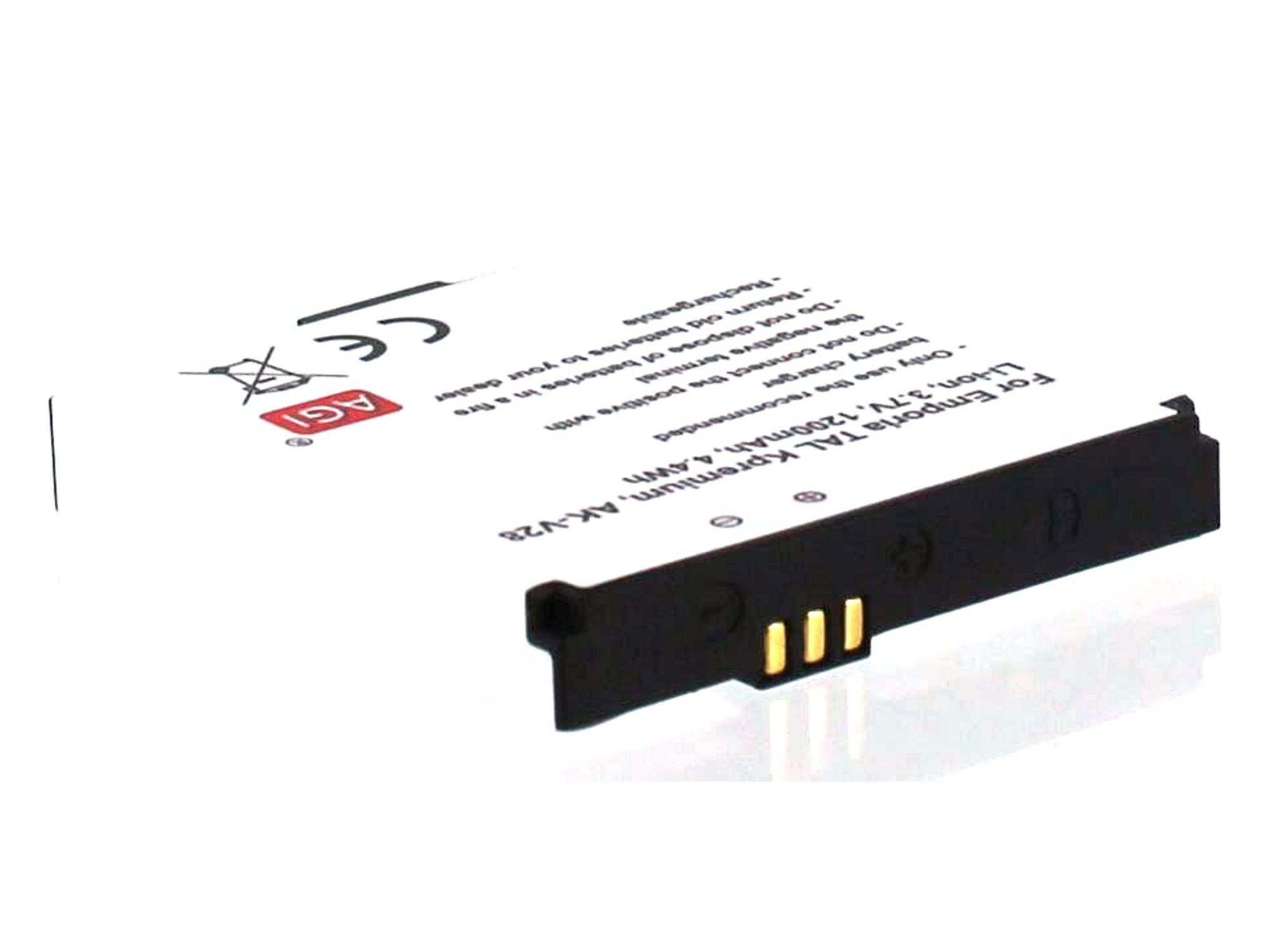 Weiße Batterie mit schwarzem Text und Symbolen. Schräge Ansicht, auf weißem Hintergrund.