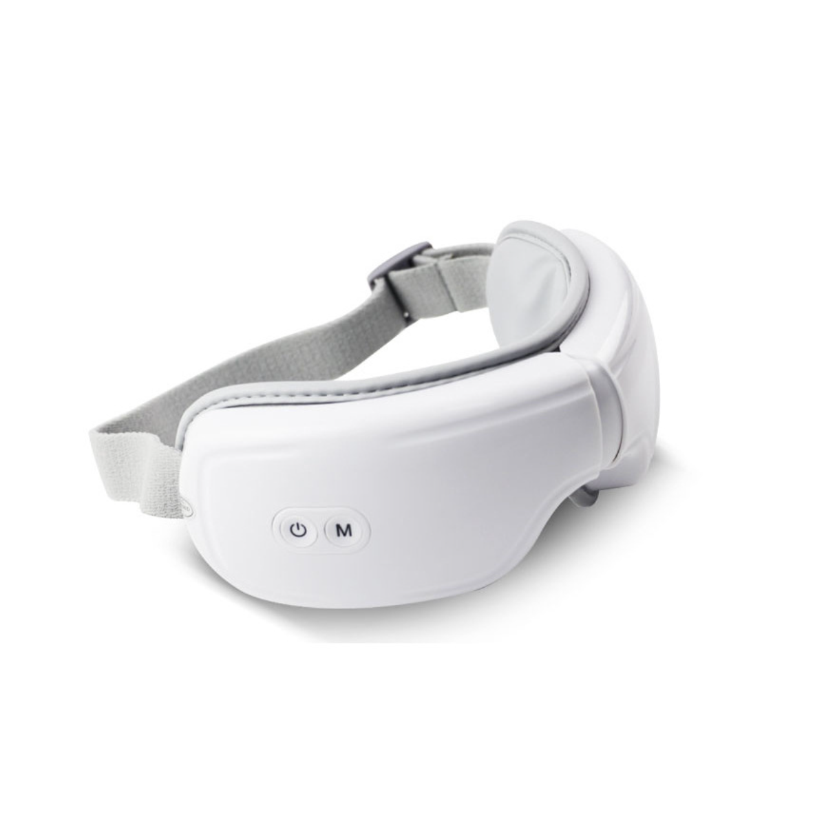 Weißer Augenmassager mit grauem Riemen, weißer Hintergrund.