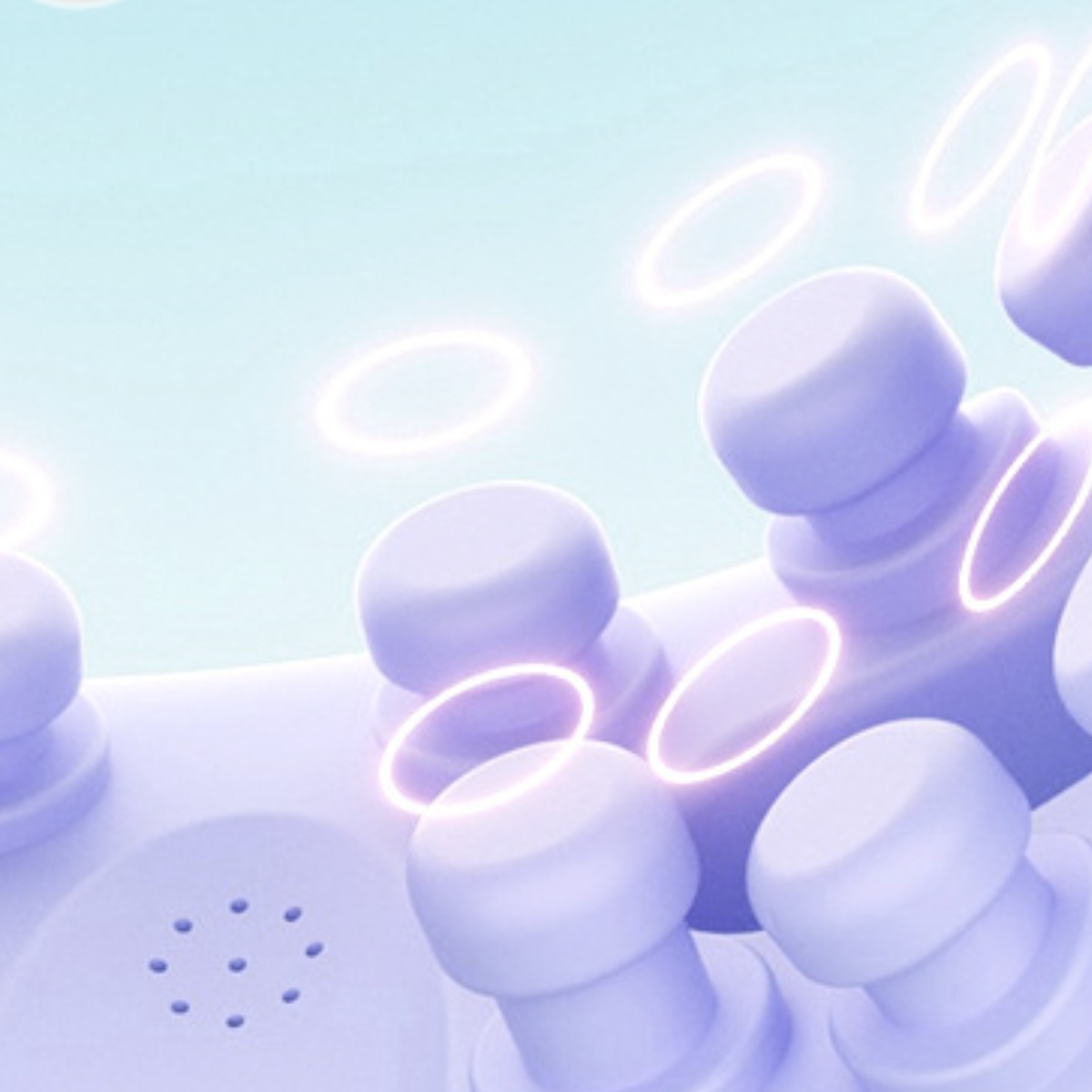 Nahaufnahme eines weißen PlayStation-Controllers. Die Knöpfe und Ringe leuchten.