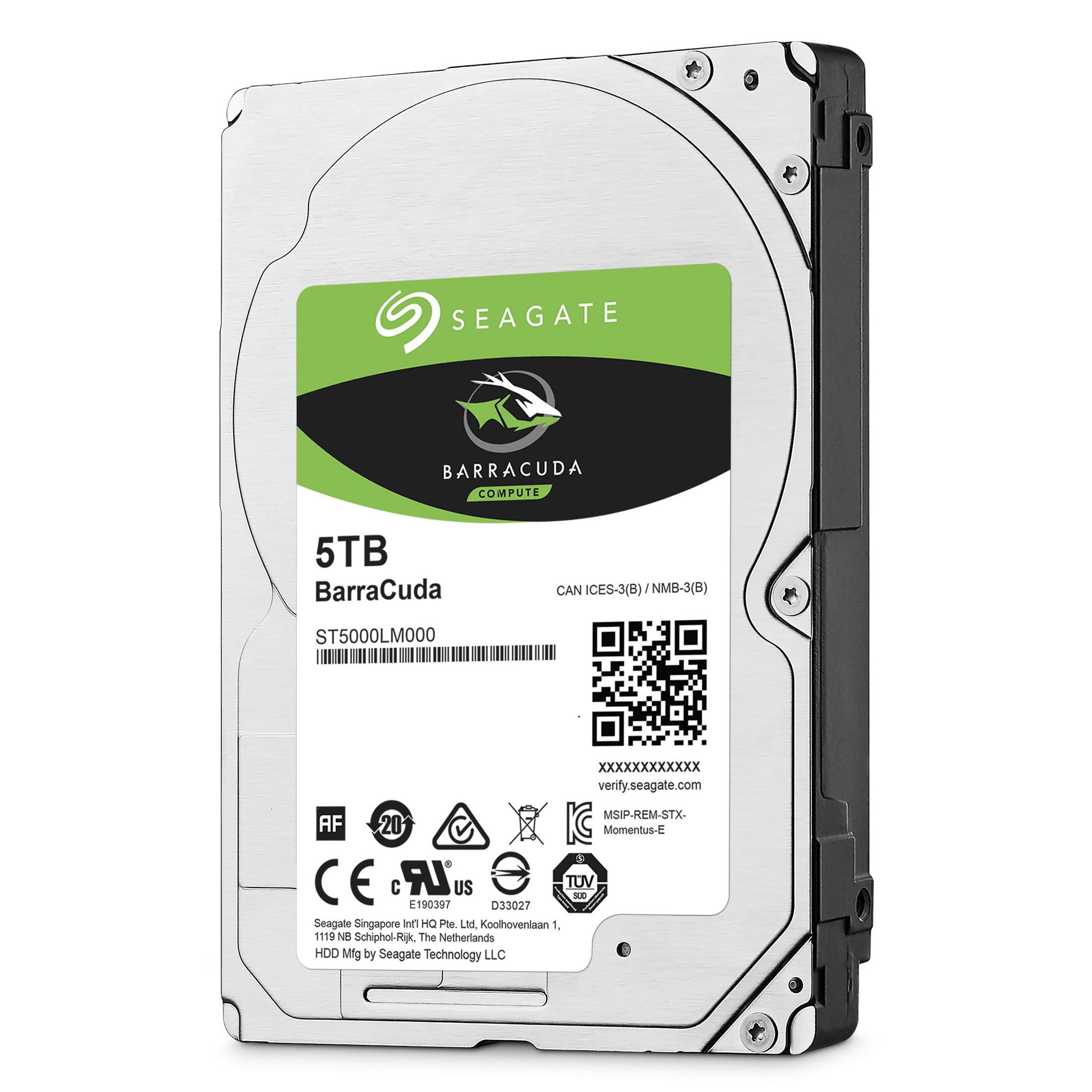 Dysk twardy Seagate Barracuda 5 TB z zieloną etykietą i kodem QR.