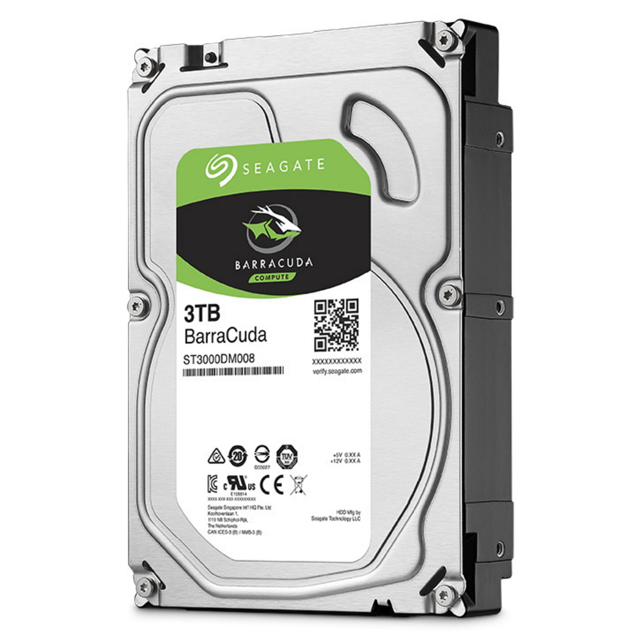 Srebrny dysk twardy z zieloną i czarną etykietą. Mówi 3TB, Seagate.