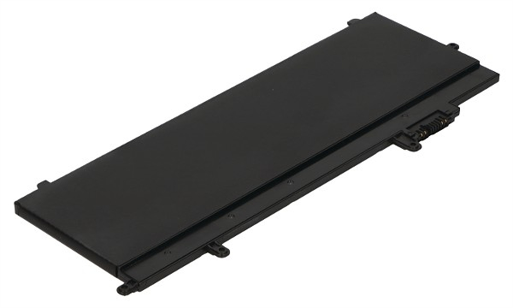 Una batería de portátil rectangular negra, vista desde arriba. Tiene un acabado liso y mate y varios puntos de conexión.