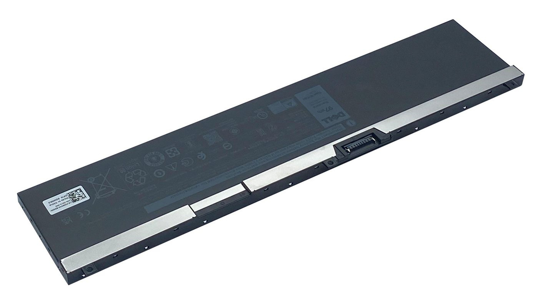 Schwarzer Laptop-Akku mit Etiketten und Metallkante, Draufsicht. Weißer Hintergrund.