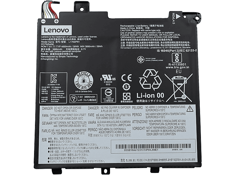 Volt, 4000 mAh Li-Pol für 7.5 Notebookakku, Lenovo Li-Pol, Original LENOVO Akku L17C2PB1