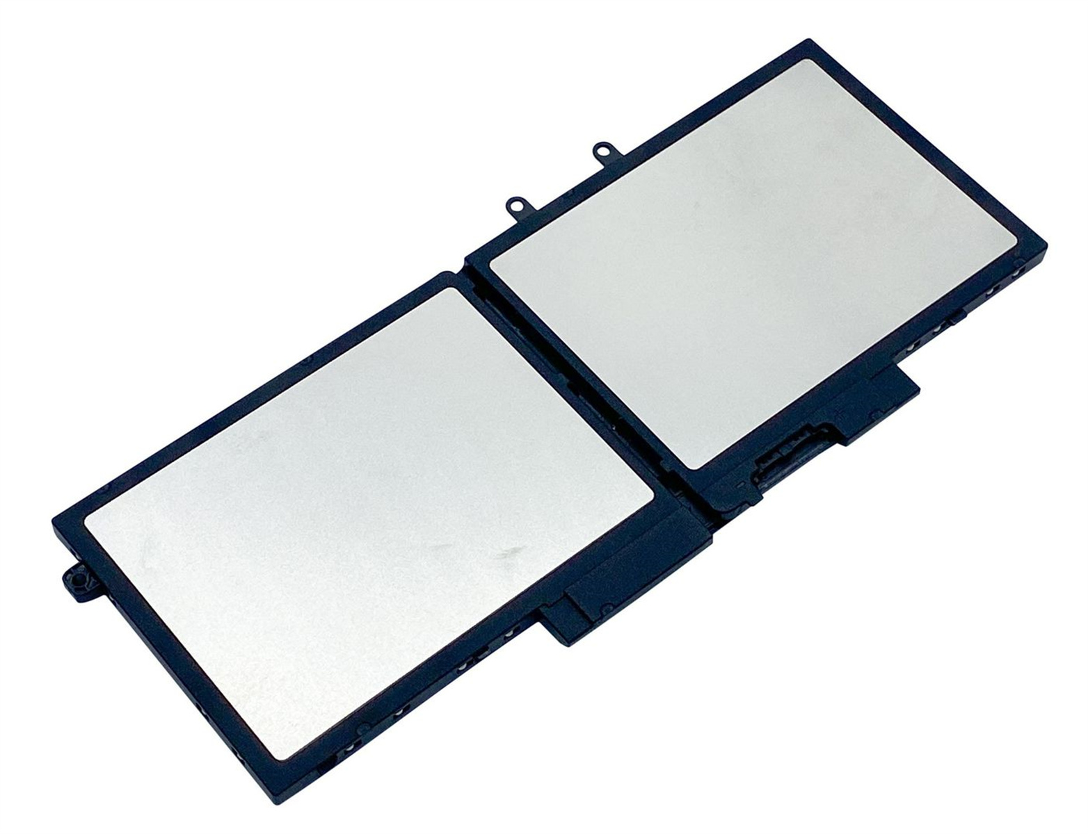 Batteria per laptop, color argento, cornice nera, su sfondo bianco, vista dall'alto.