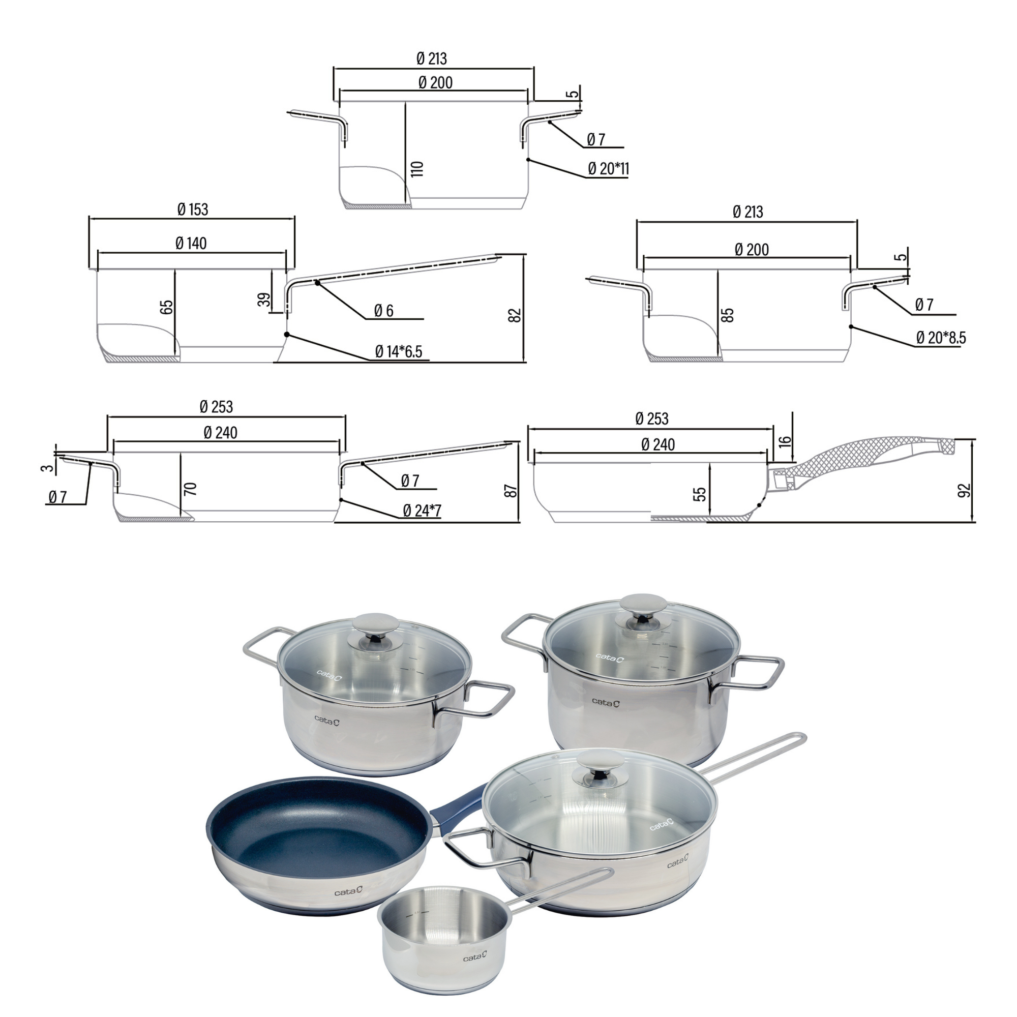 Diagrama de ollas y sartenes con dimensiones, junto con un juego de utensilios de cocina de acero inoxidable.