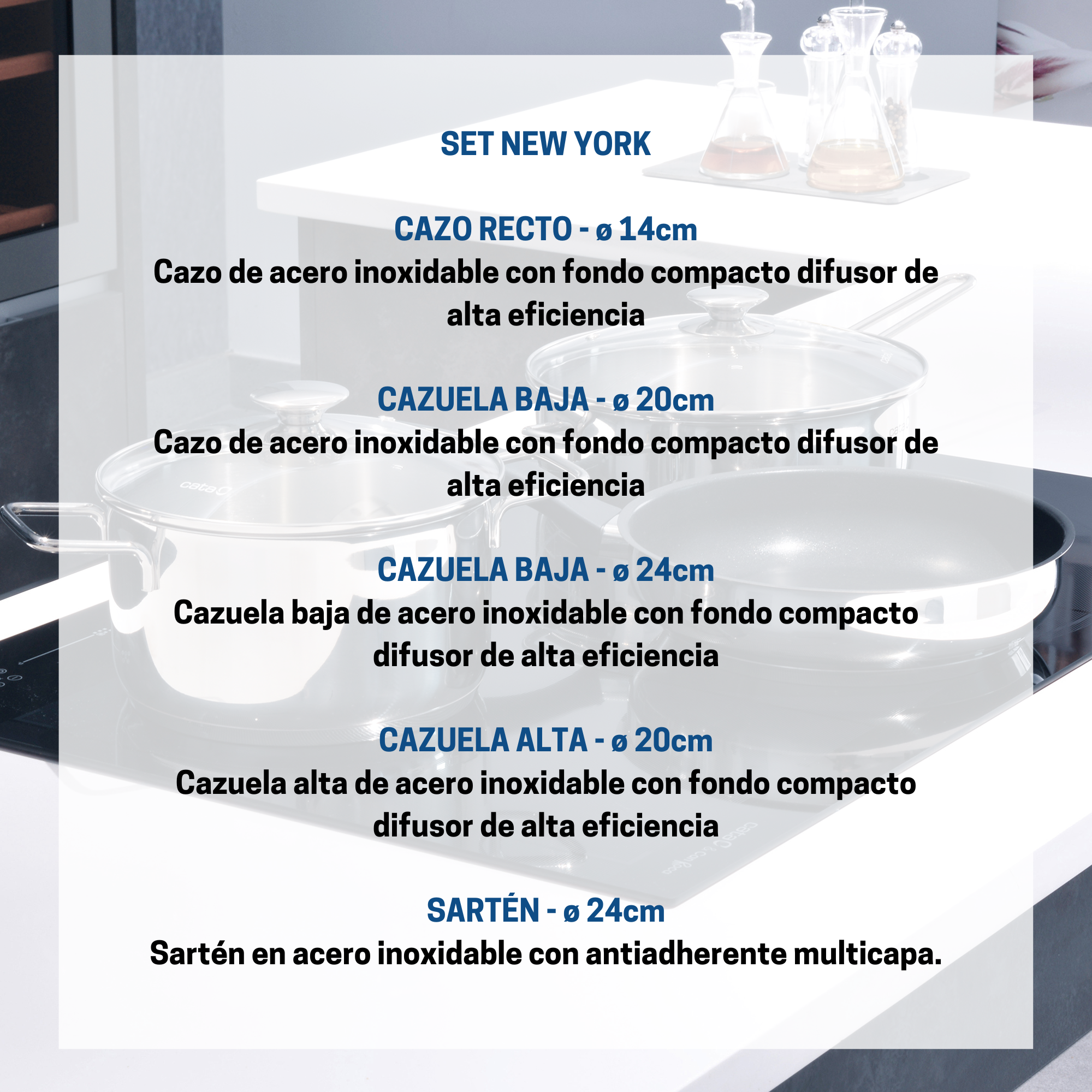 Juego de utensilios de cocina de acero inoxidable: sartenes y ollas, con descripciones y tamaños.